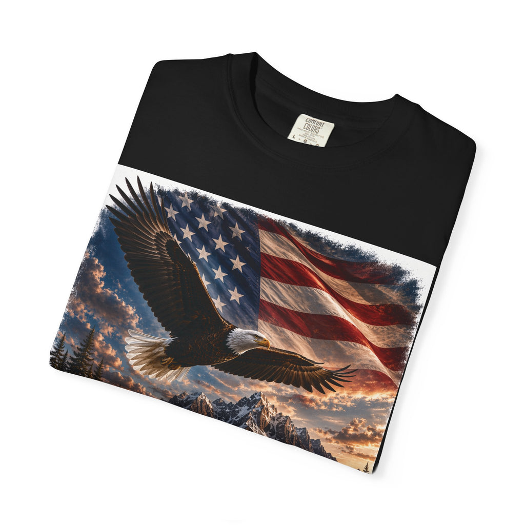 Bald Eagle Over Mountain Lake American Flag T-shirt | Patriotic Nature Scene