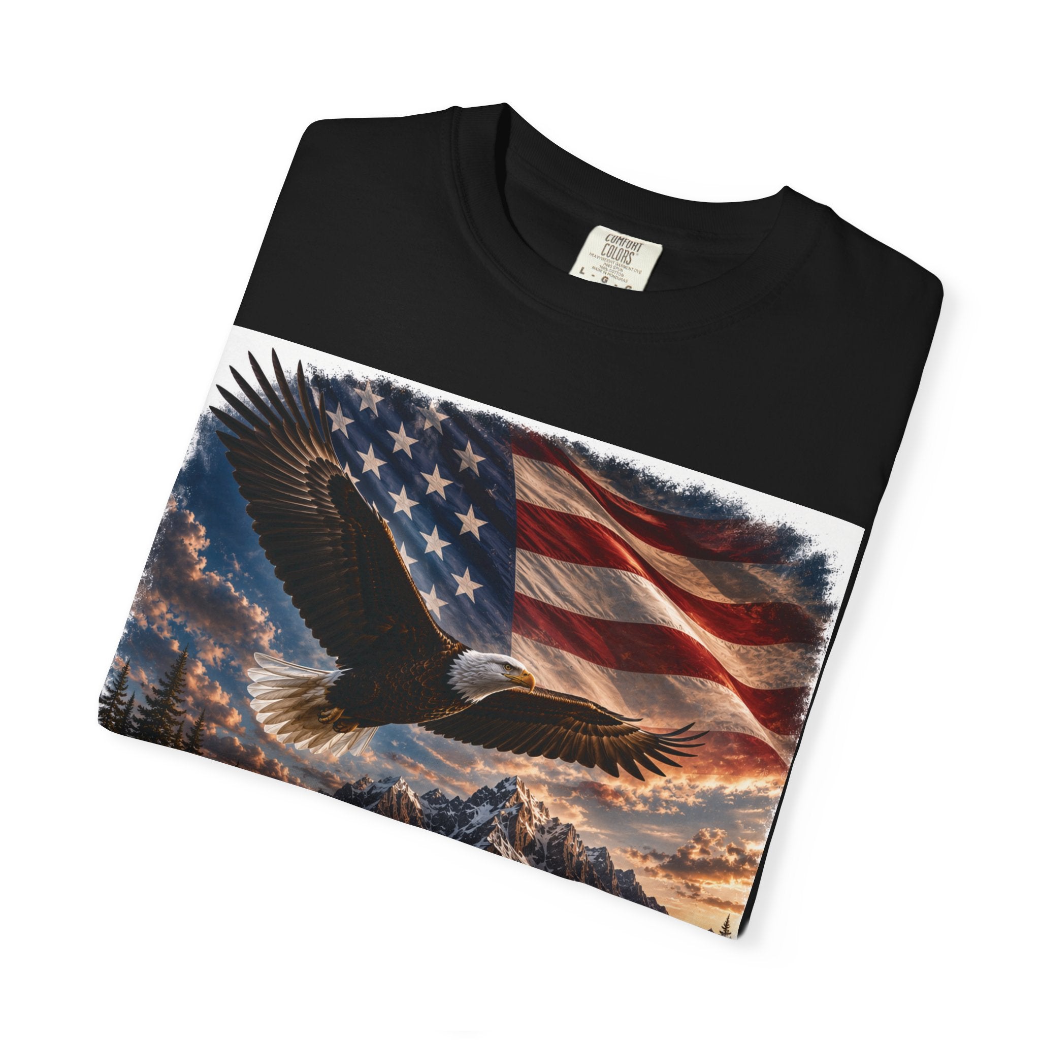 Bald Eagle Over Mountain Lake American Flag T-shirt | Patriotic Nature Scene