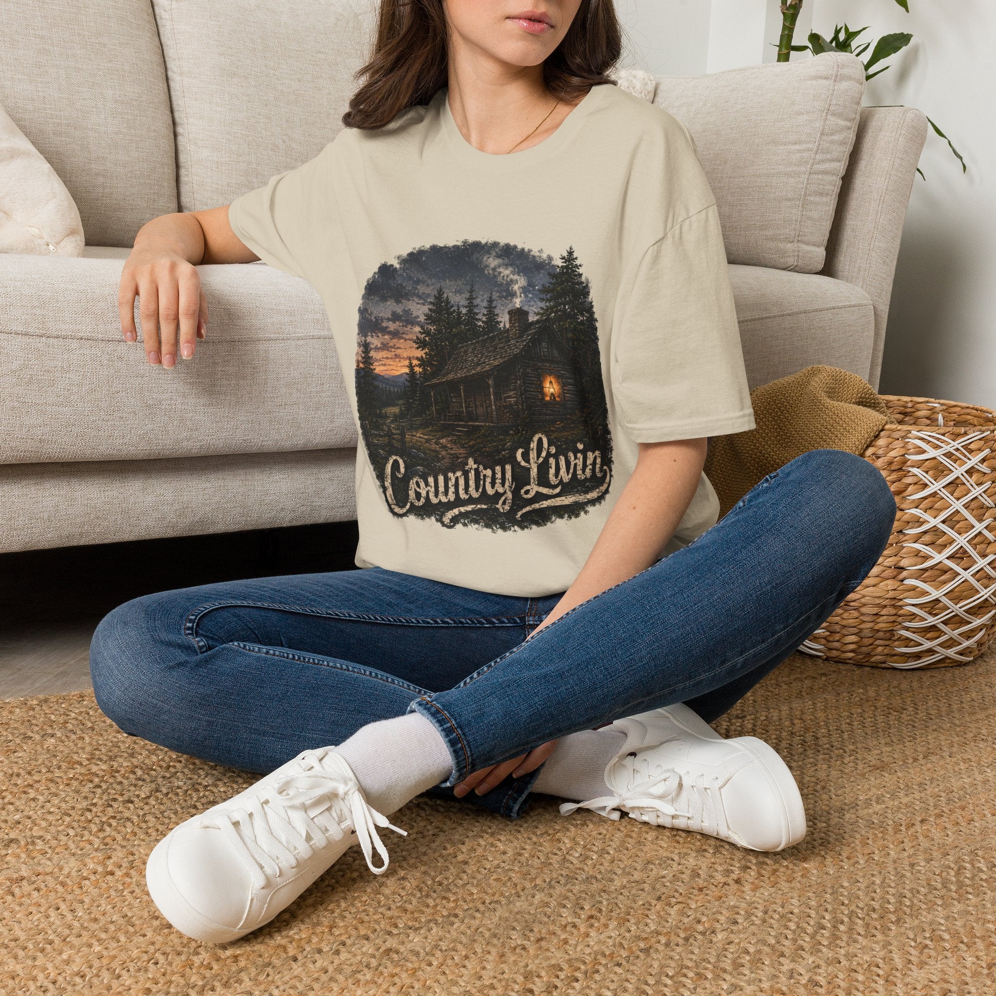 Country Livin' Cabin T‑Shirt — Rustic Sunset Woodlands Graphic Tee
