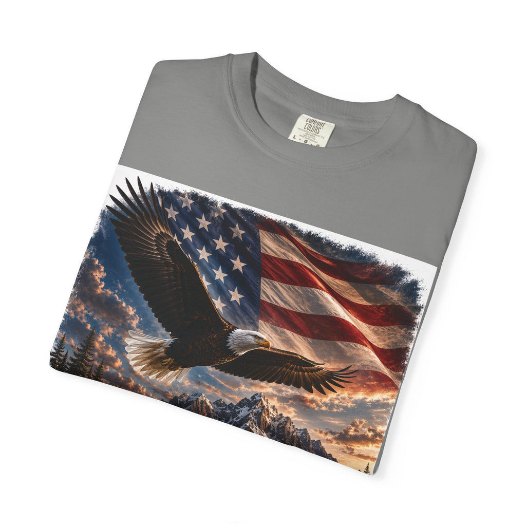 Bald Eagle Over Mountain Lake American Flag T-shirt | Patriotic Nature Scene
