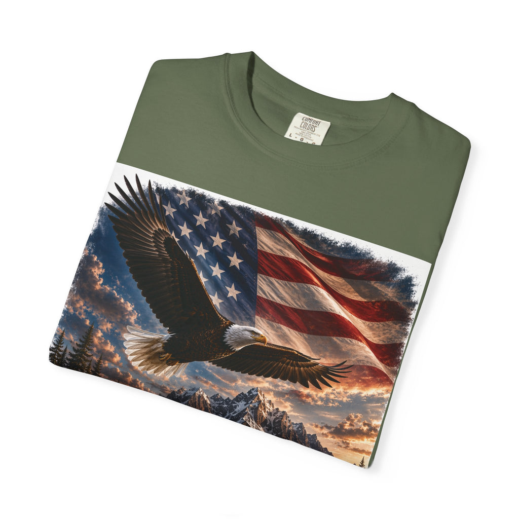 Bald Eagle Over Mountain Lake American Flag T-shirt | Patriotic Nature Scene