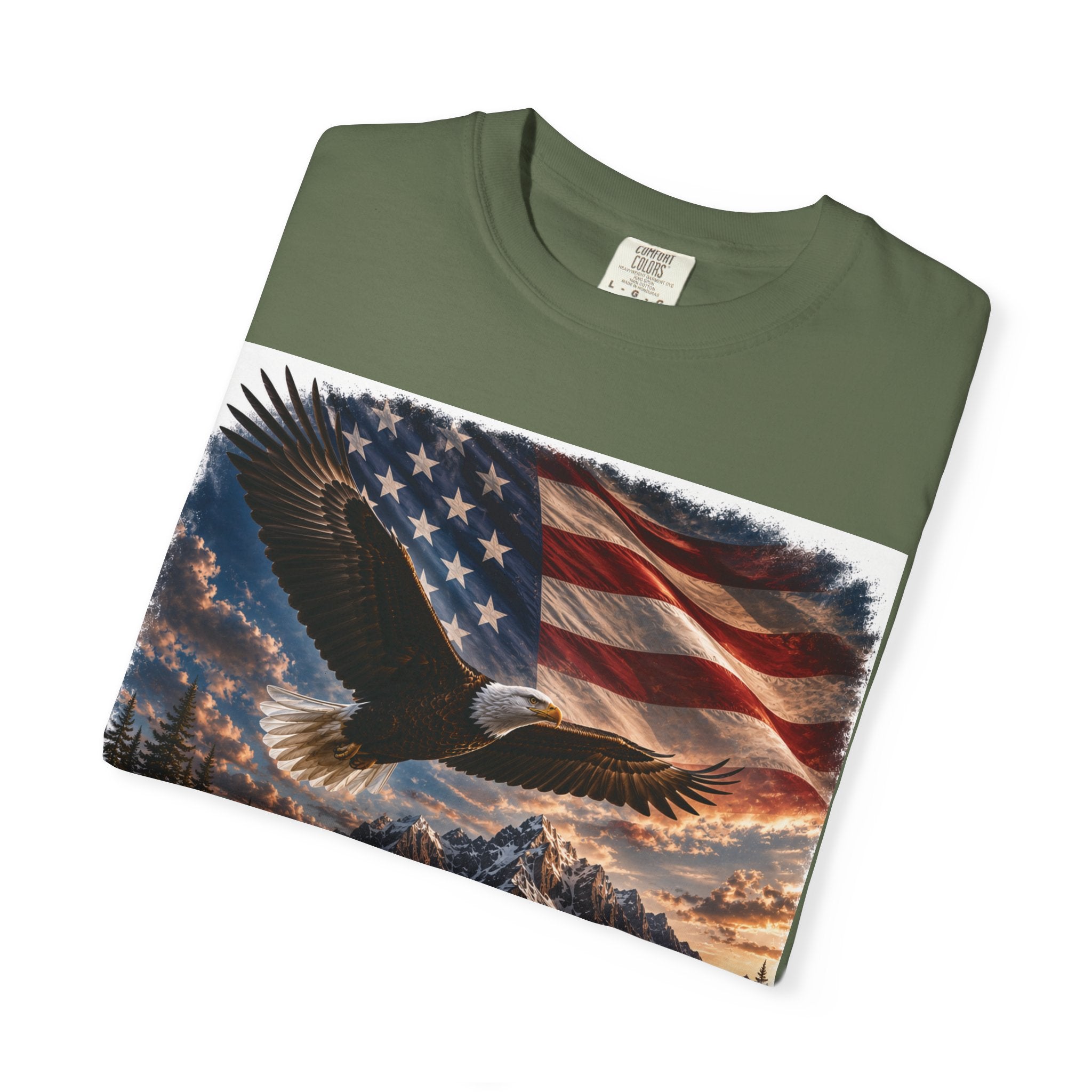 Bald Eagle Over Mountain Lake American Flag T-shirt | Patriotic Nature Scene
