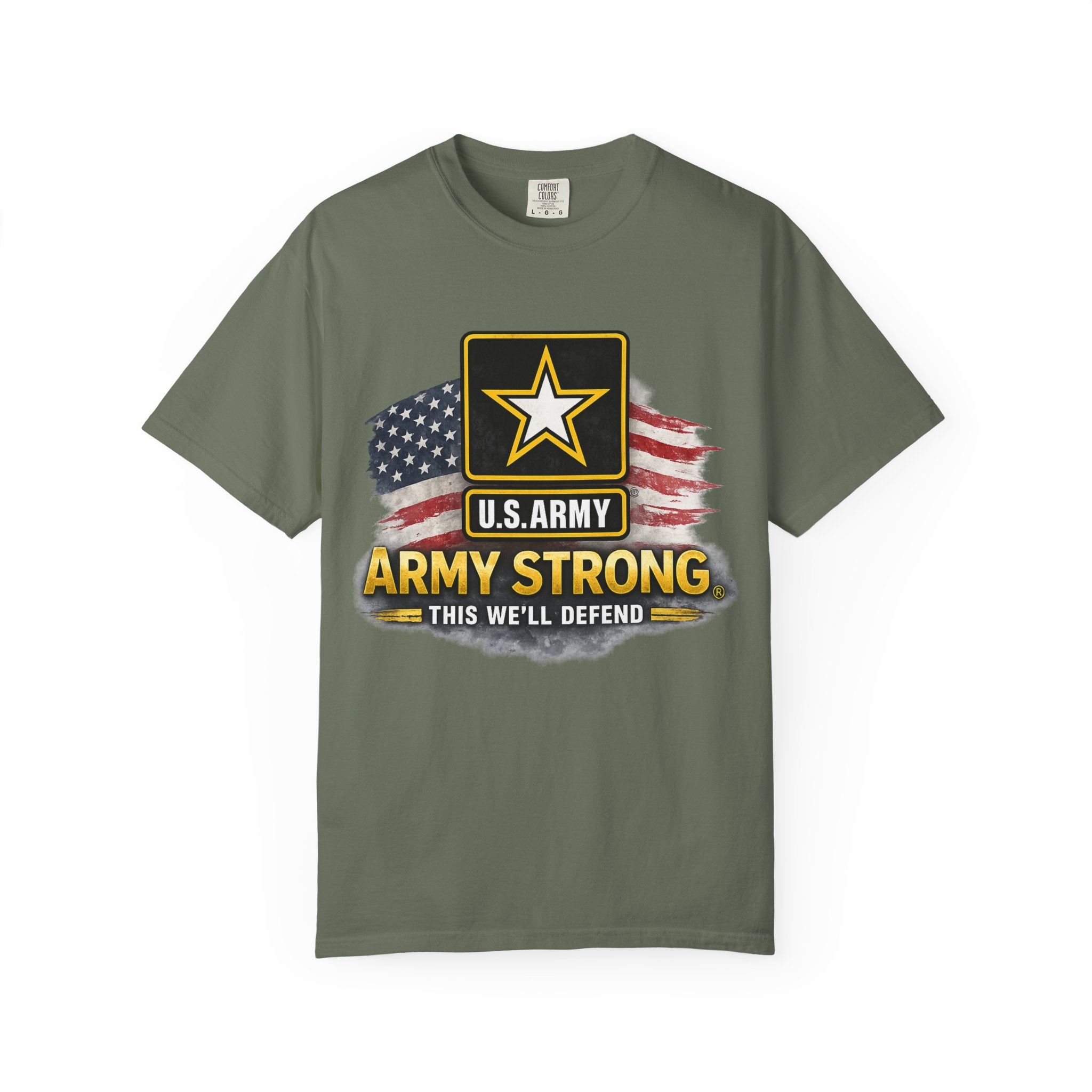 Army Strong T‑Shirt — U.S. Army Logo with American Flag ("This We'll Defend")