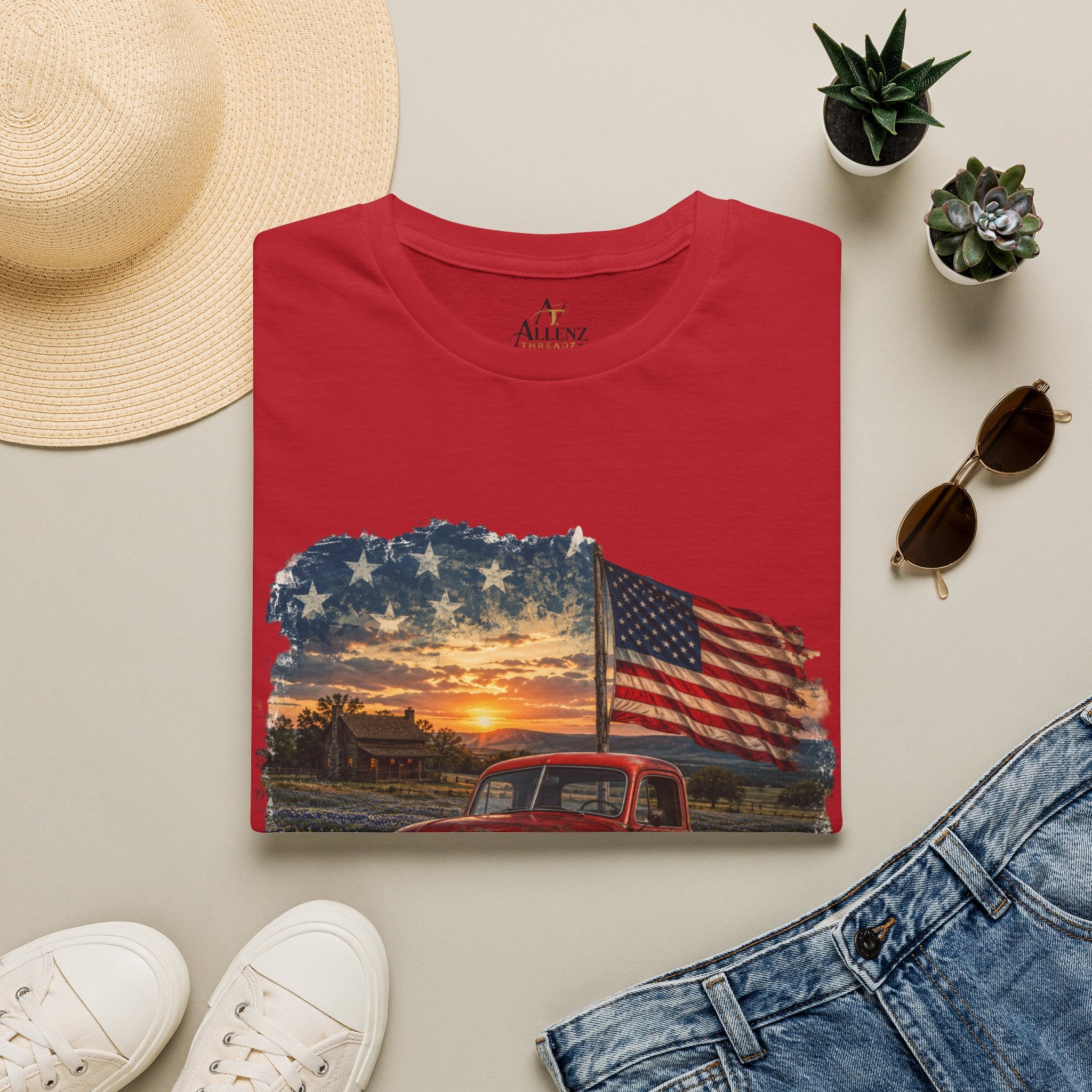 American Vintage Truck T-Shirt — Flag Sunset Patriotic Tee