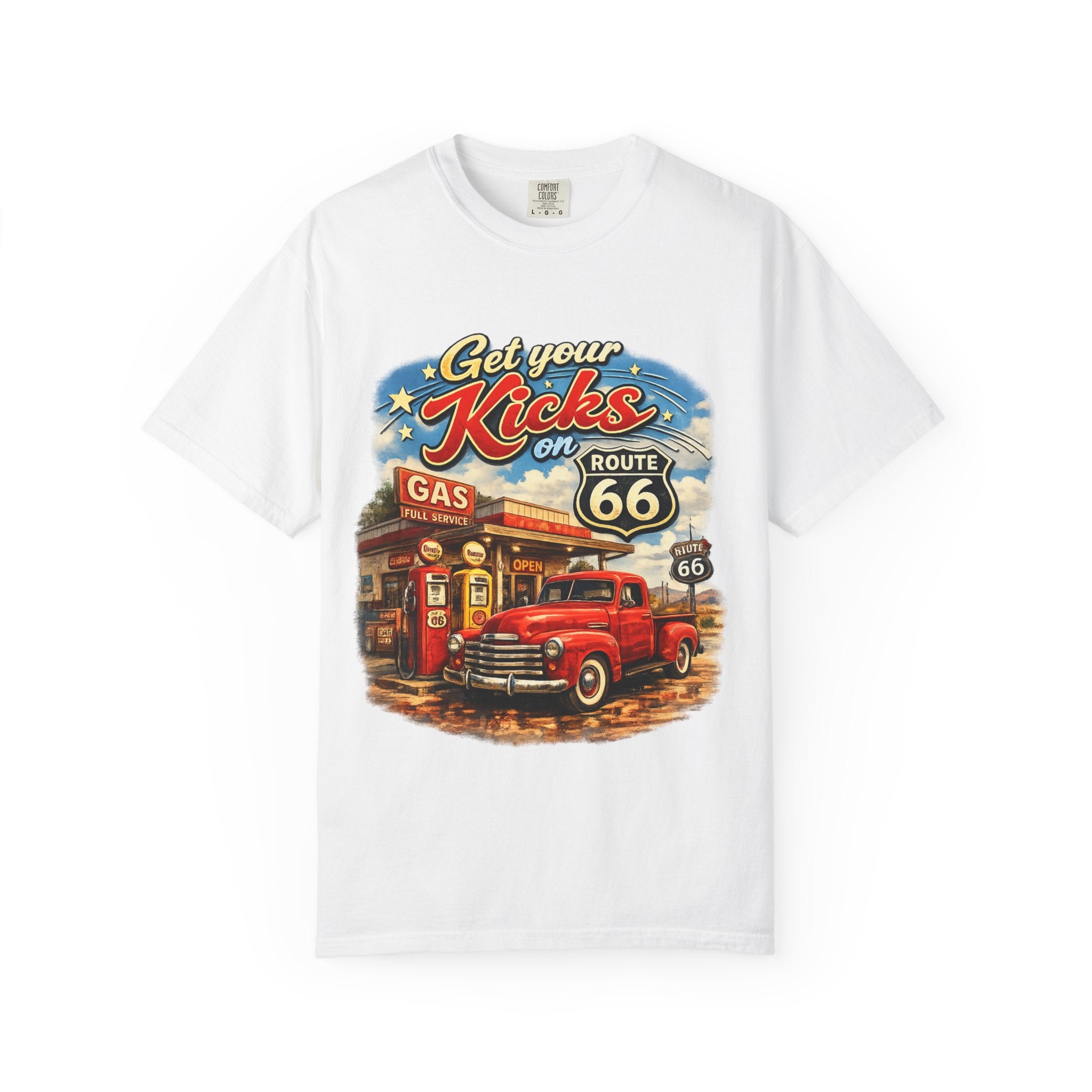 Route 66 Retro T-Shirt — "Get Your Kicks on Route 66" Vintage Gas Station Tee