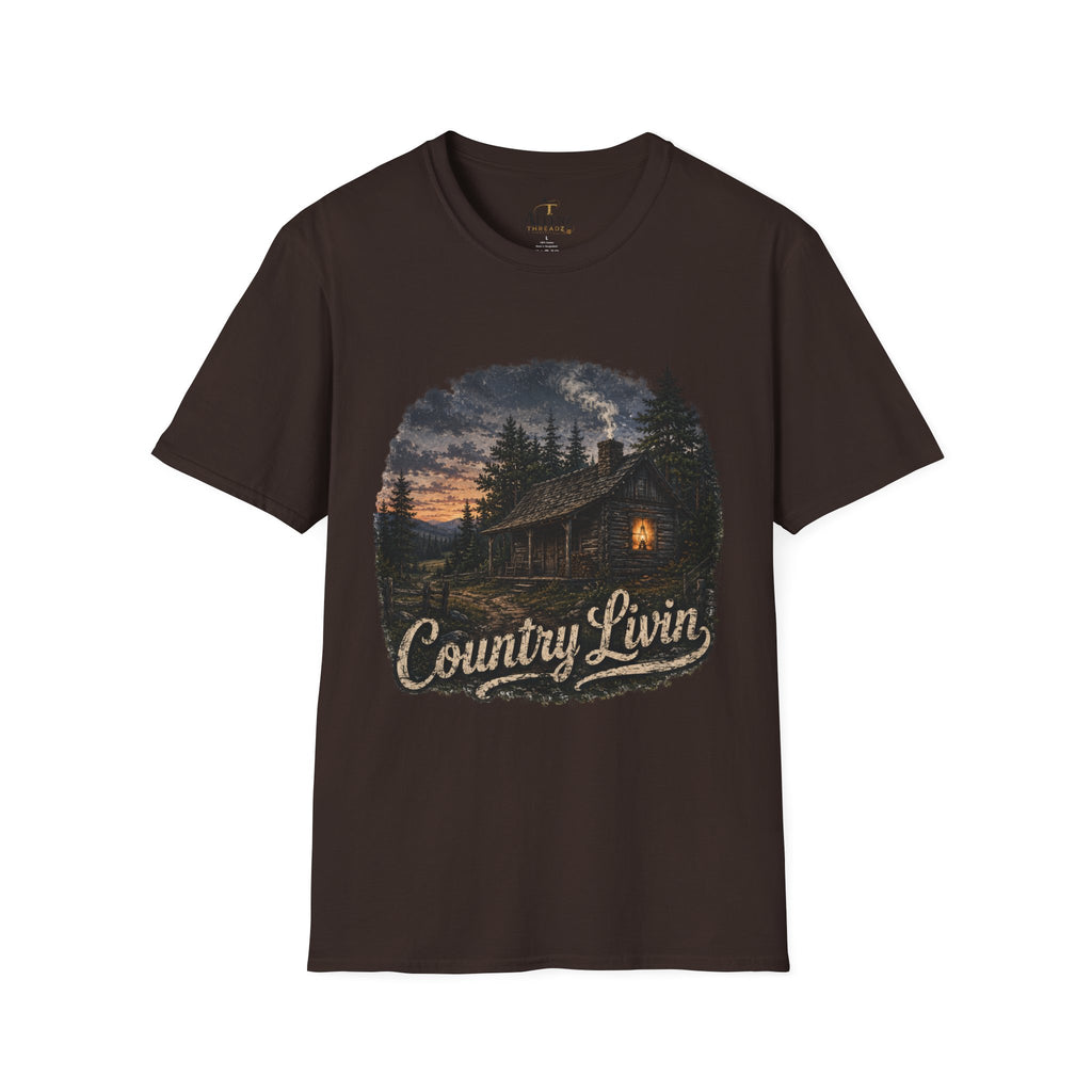 Country Livin' Cabin T‑Shirt — Rustic Sunset Woodlands Graphic Tee