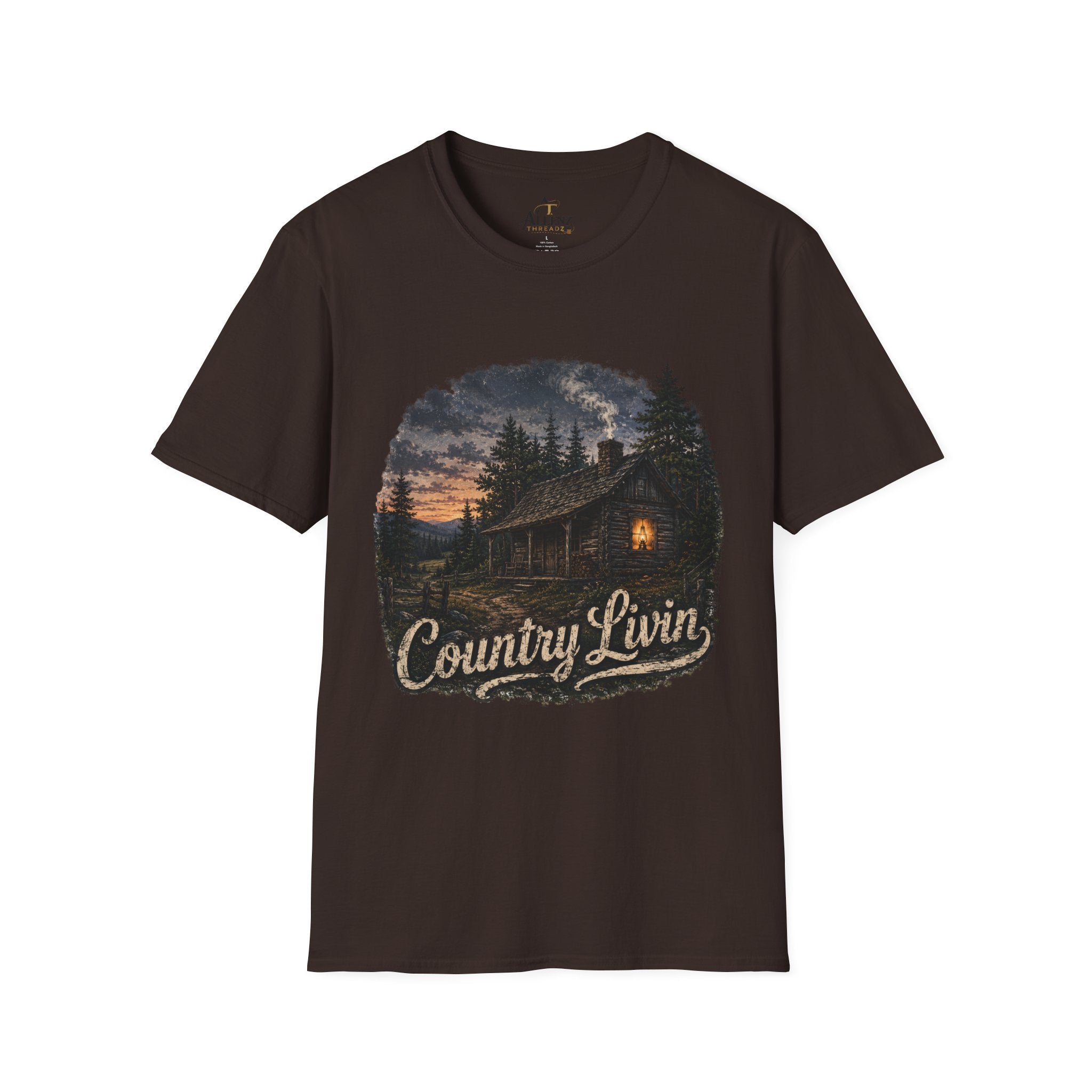 Country Livin' Cabin T‑Shirt — Rustic Sunset Woodlands Graphic Tee