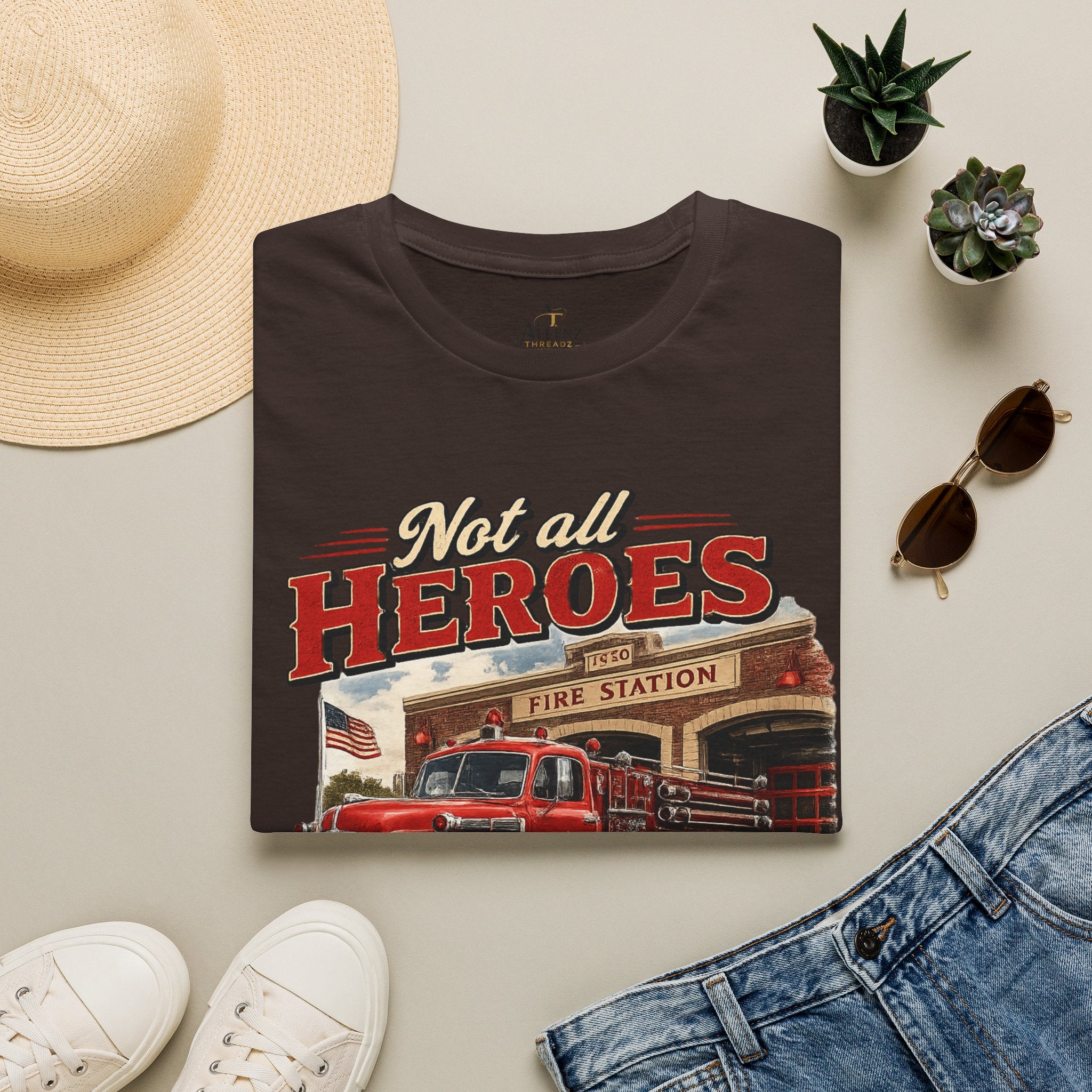 Firefighter T-Shirt — "Not All Heroes Wear Capes, Some Wear Helmets" Vintage Fire Truck Tee