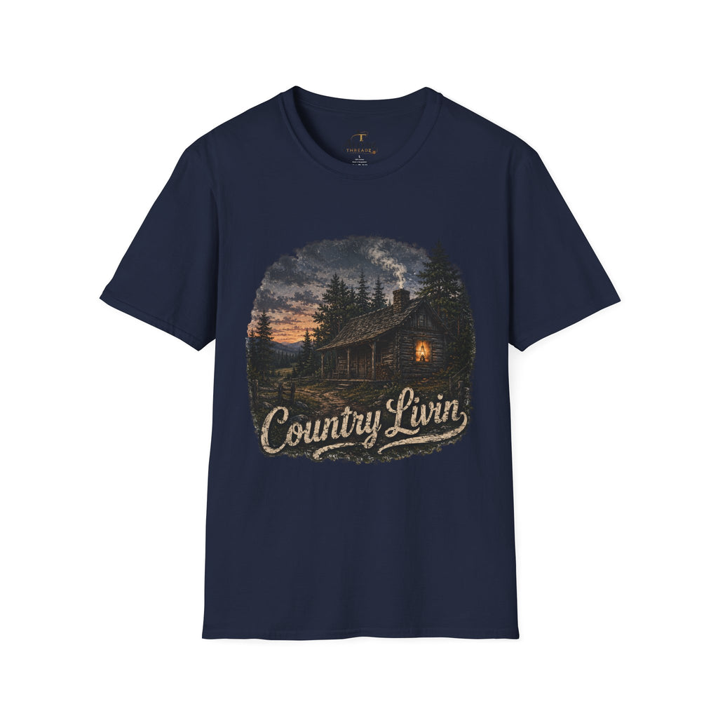 Country Livin' Cabin T‑Shirt — Rustic Sunset Woodlands Graphic Tee