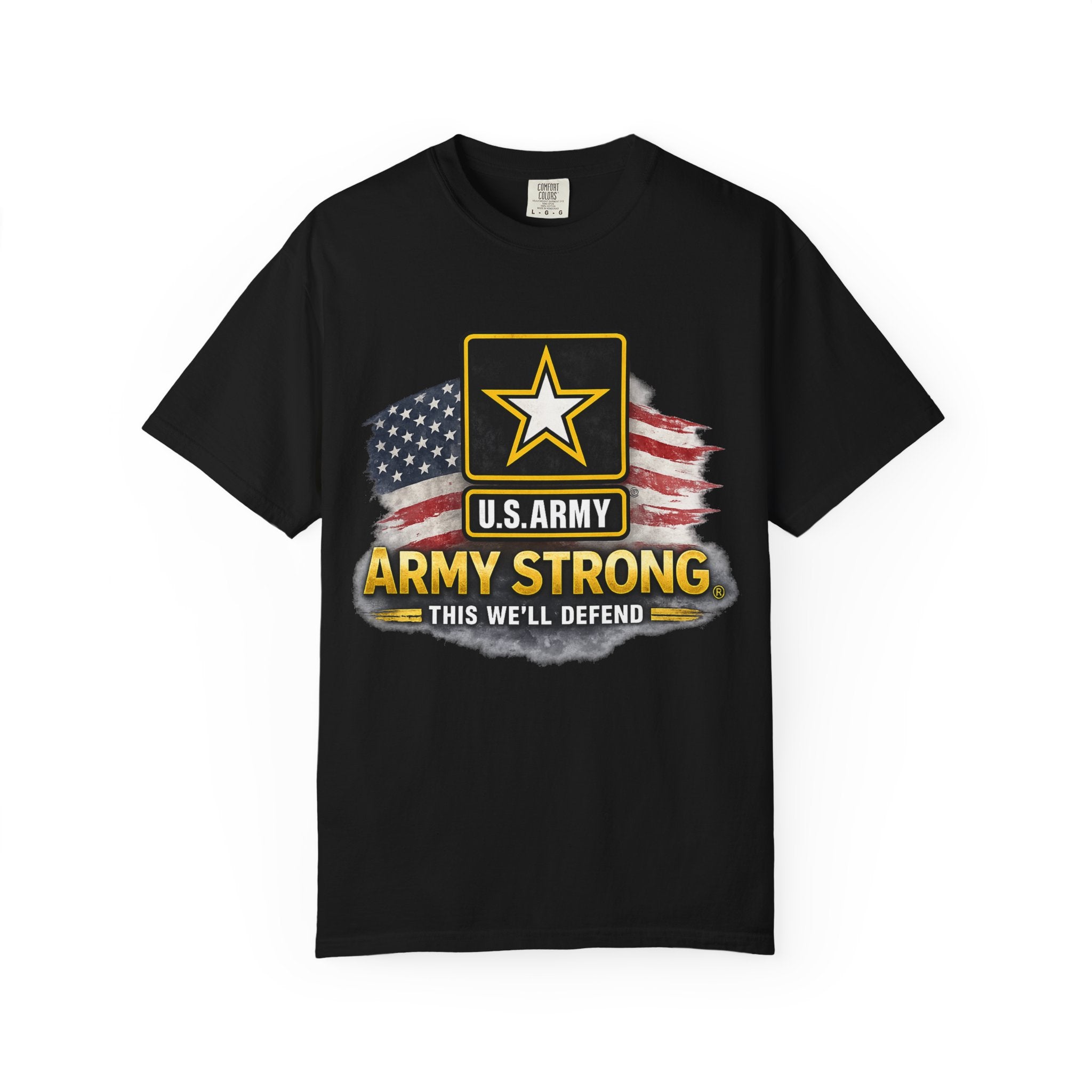 Army Strong T‑Shirt — U.S. Army Logo with American Flag ("This We'll Defend")