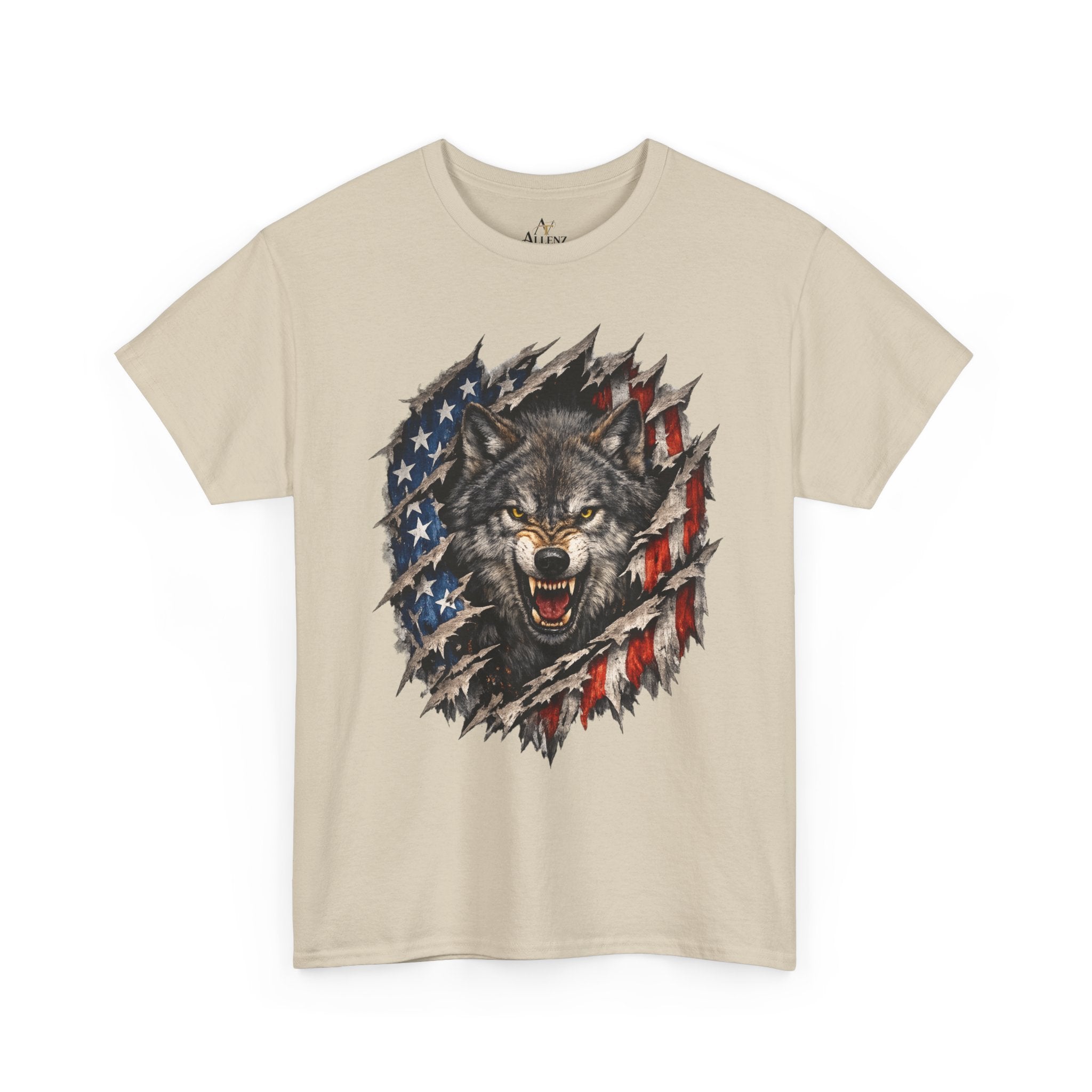 Unisex Heavy Cotton Tee - American flag with wolf face