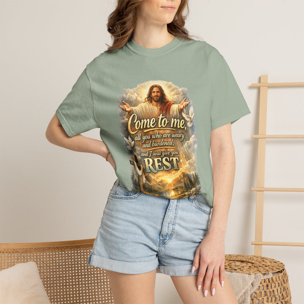 Come to Me Christian T-Shirt — "Come to me... and I will give you REST" Religious Faith Tee