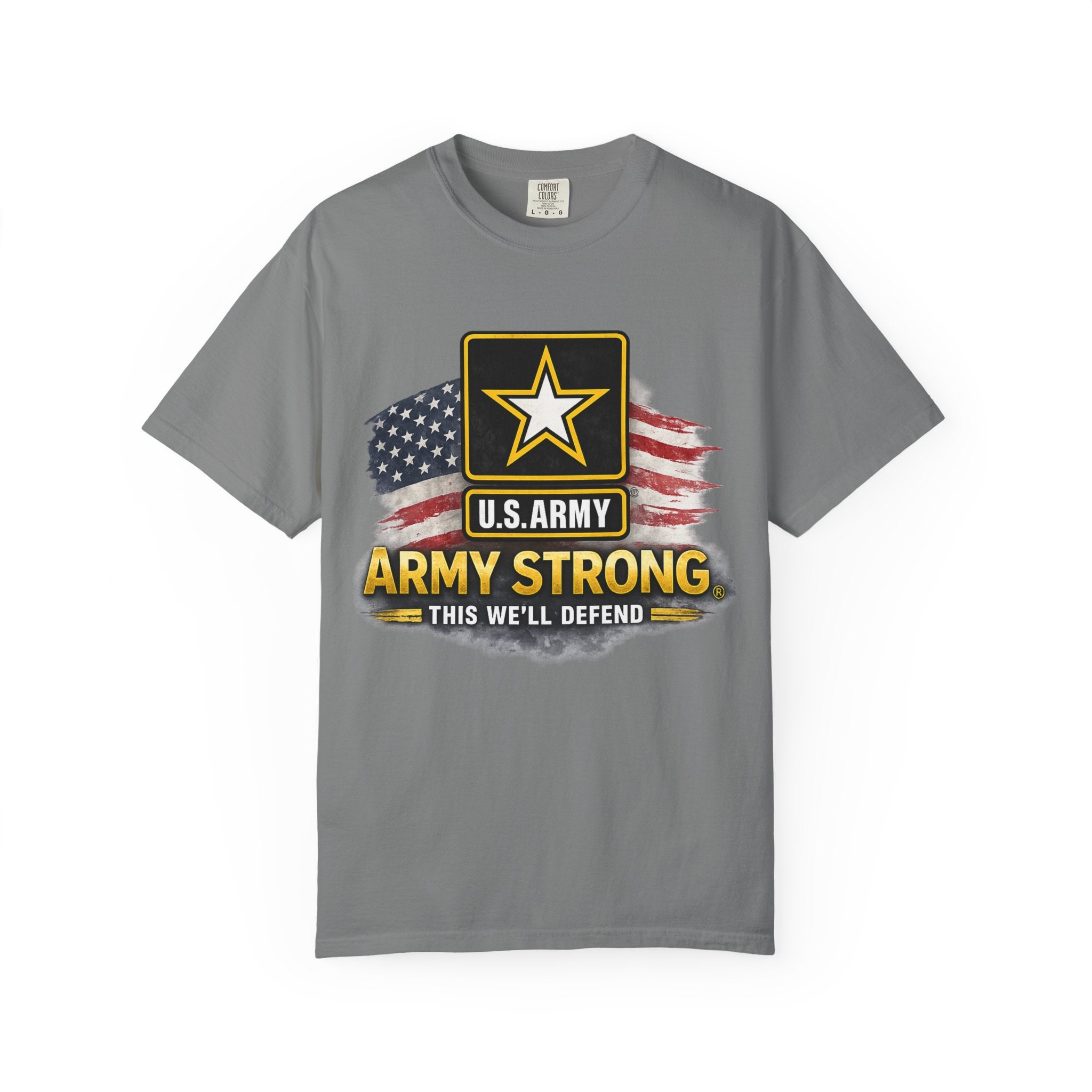 Army Strong T‑Shirt — U.S. Army Logo with American Flag ("This We'll Defend")