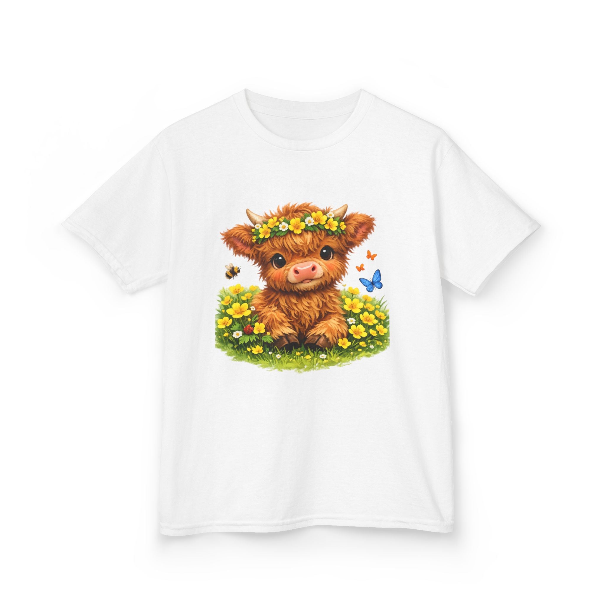 Cute Highland Calf Kids T‑Shirt — Floral Crown, Butterflies & Sunshine Tee