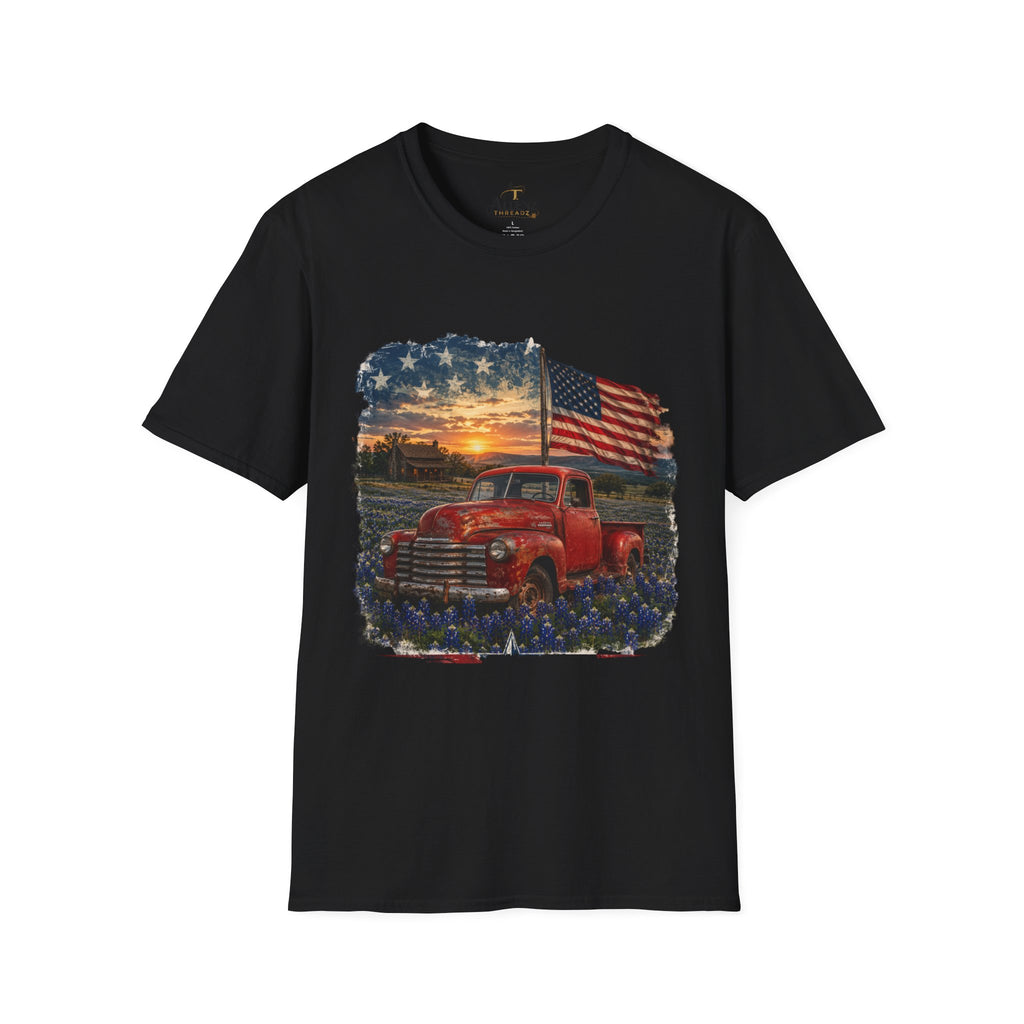 American Vintage Truck T-Shirt — Flag Sunset Patriotic Tee