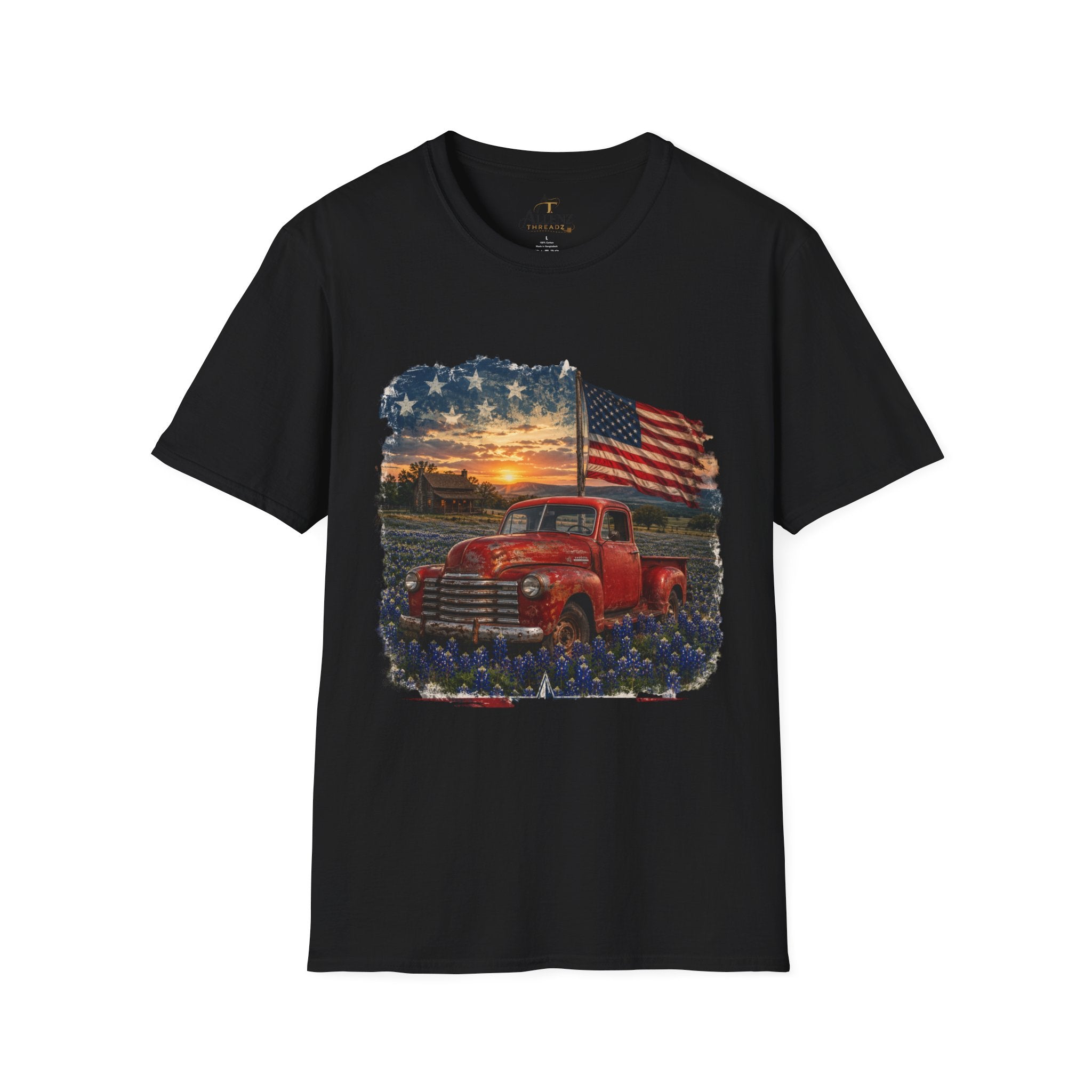 American Vintage Truck T-Shirt — Flag Sunset Patriotic Tee