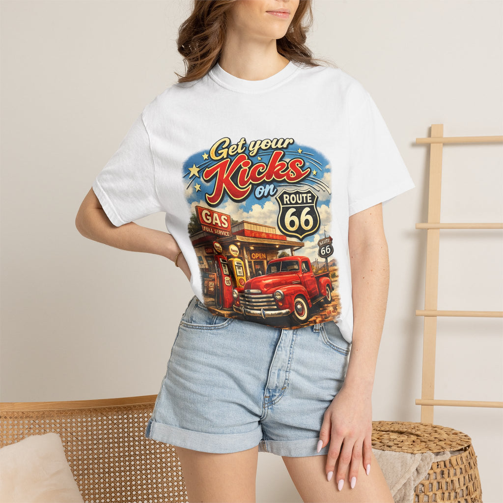 Route 66 Retro T-Shirt — "Get Your Kicks on Route 66" Vintage Gas Station Tee