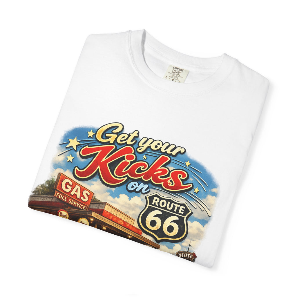 Route 66 Retro T-Shirt — "Get Your Kicks on Route 66" Vintage Gas Station Tee