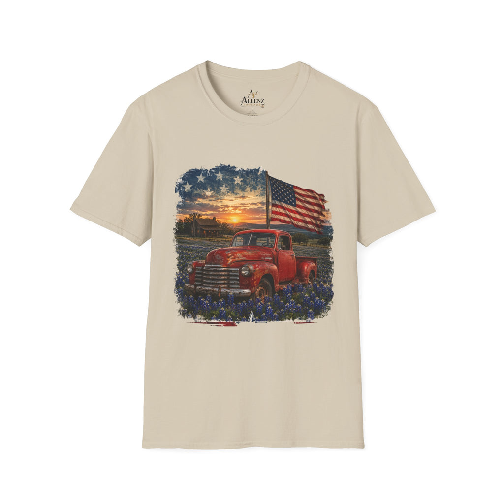 American Vintage Truck T-Shirt — Flag Sunset Patriotic Tee