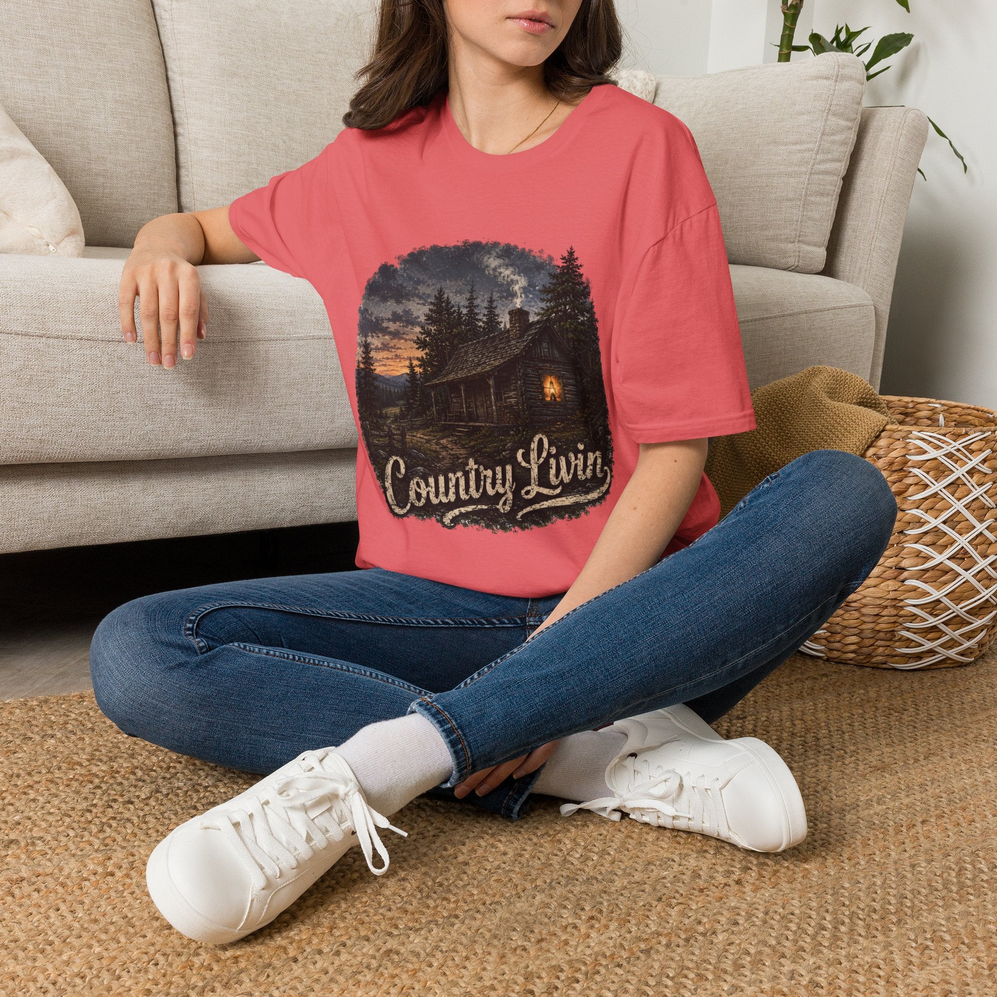 Country Livin' Cabin T‑Shirt — Rustic Sunset Woodlands Graphic Tee