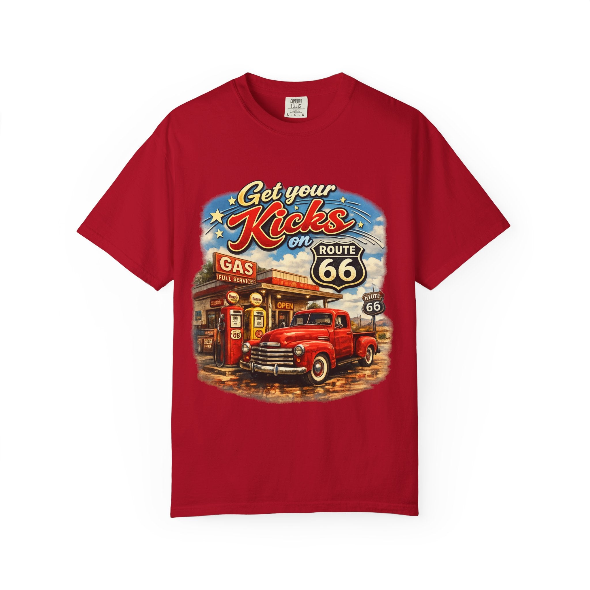 Route 66 Retro T-Shirt — "Get Your Kicks on Route 66" Vintage Gas Station Tee