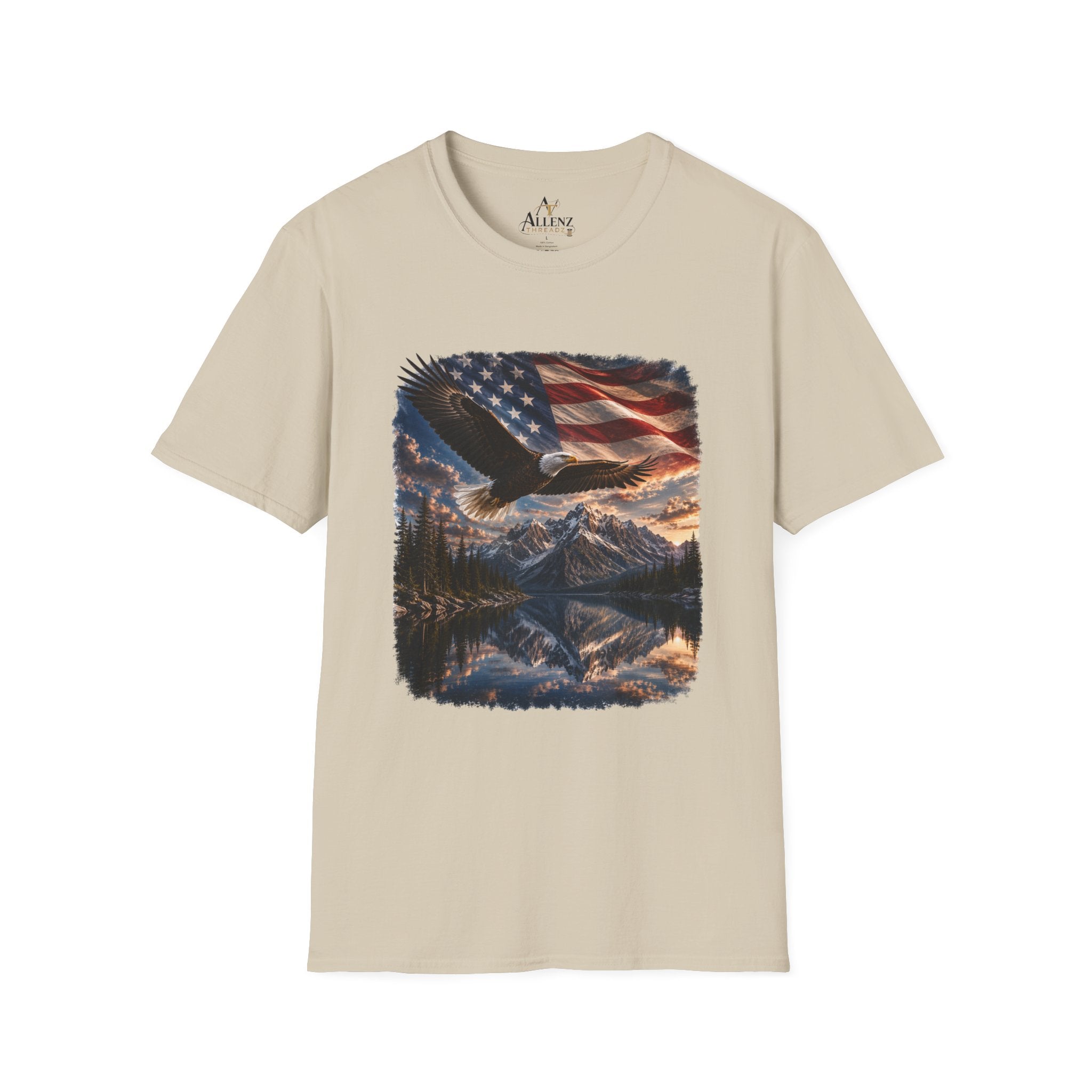 American Eagle Flag T-Shirt — Patriotic Bald Eagle & Mountain Scenery Tee
