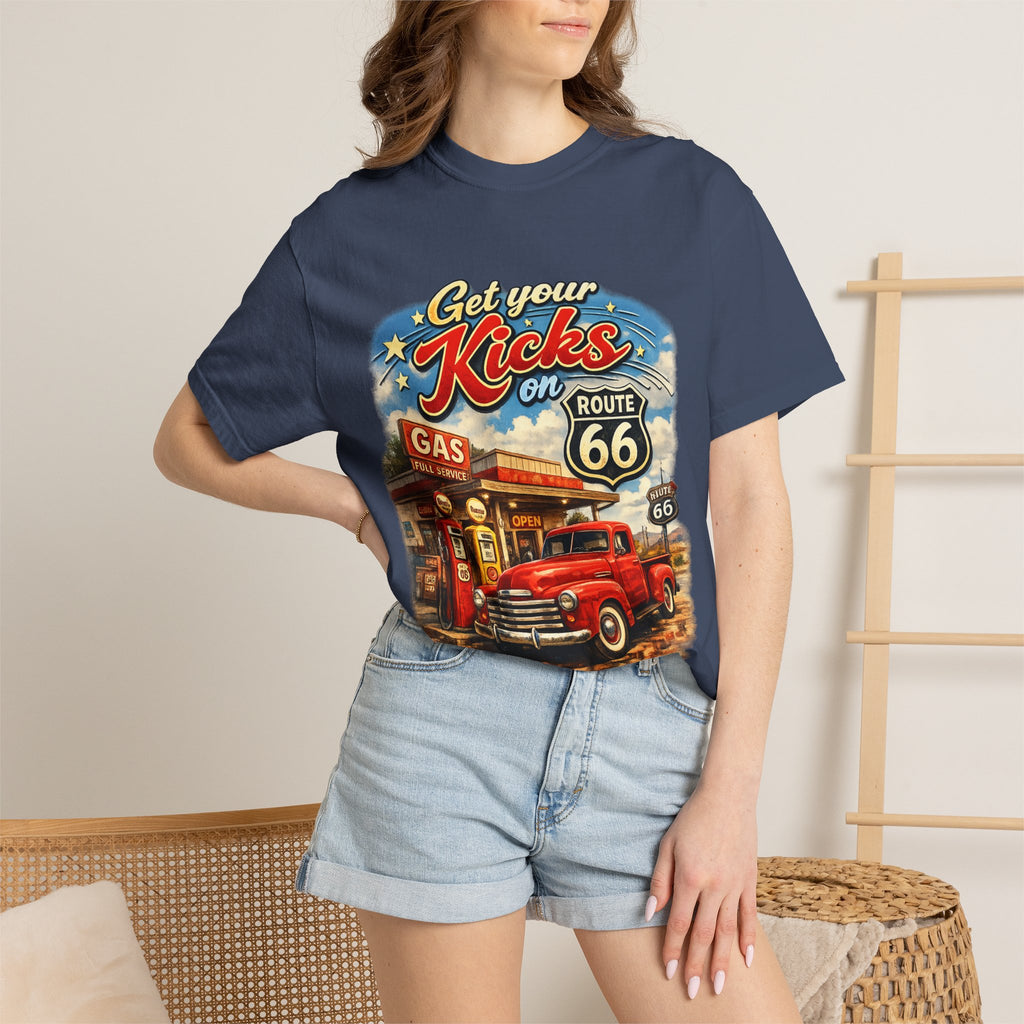Route 66 Retro T-Shirt — "Get Your Kicks on Route 66" Vintage Gas Station Tee
