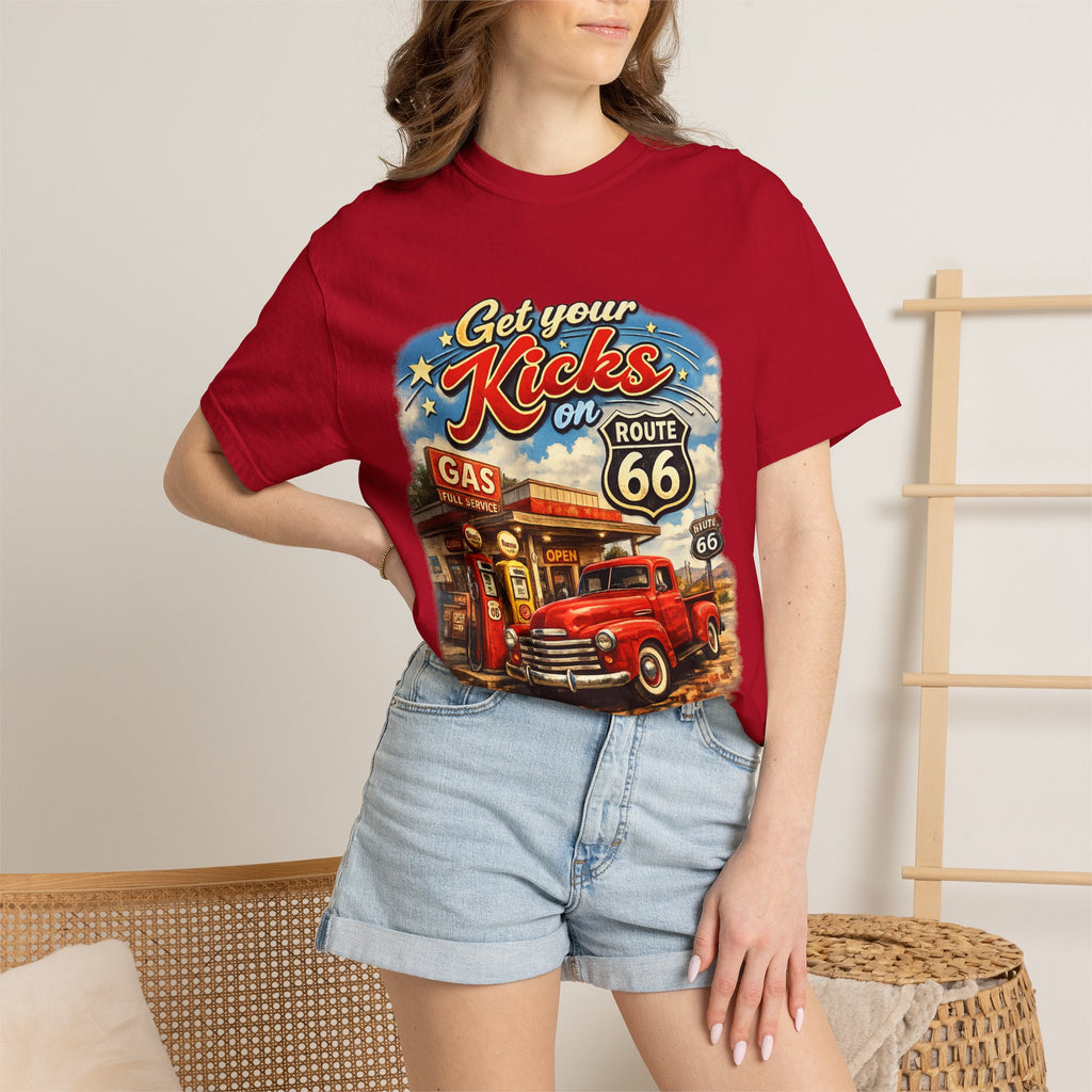 Route 66 Retro T-Shirt — "Get Your Kicks on Route 66" Vintage Gas Station Tee