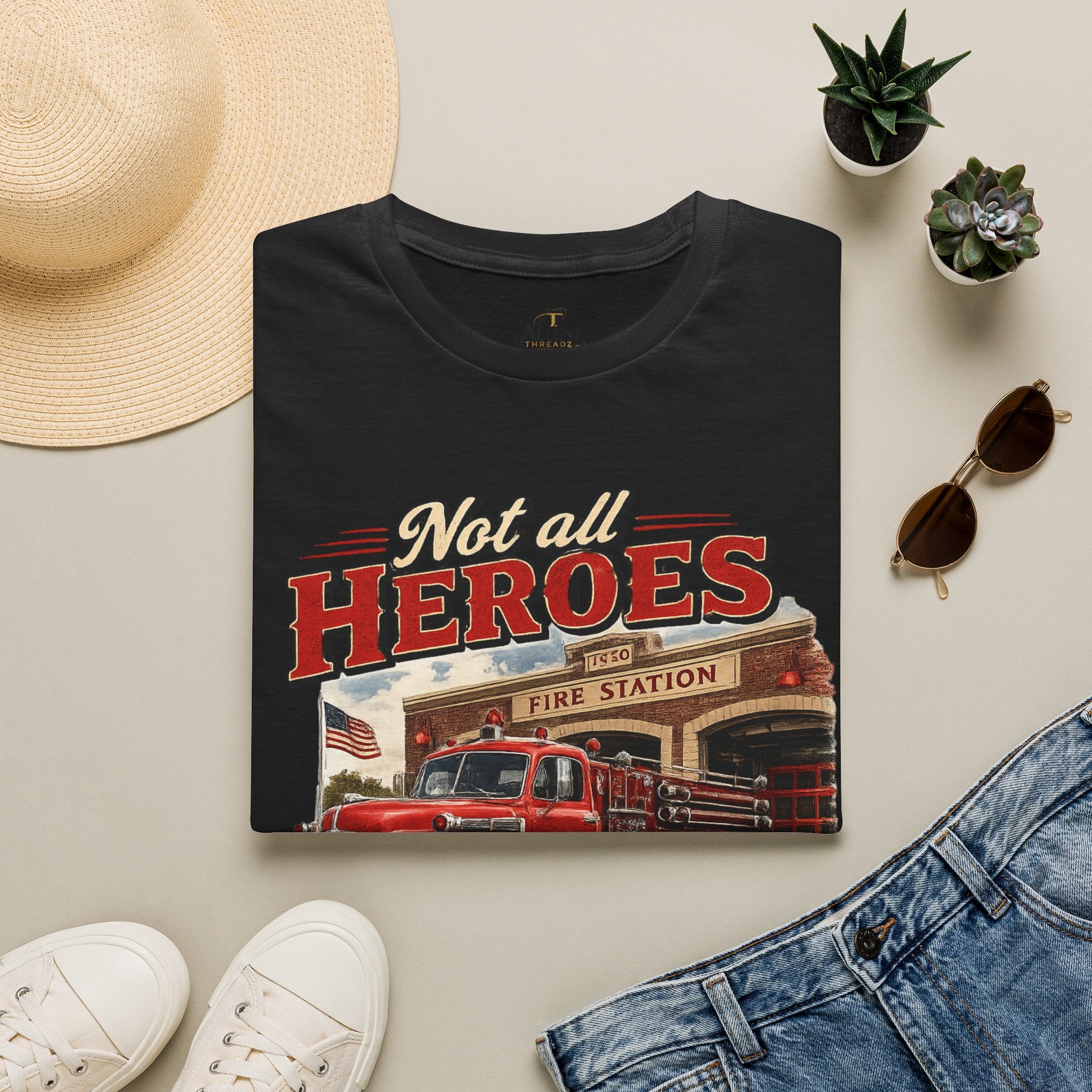 Firefighter T-Shirt — "Not All Heroes Wear Capes, Some Wear Helmets" Vintage Fire Truck Tee