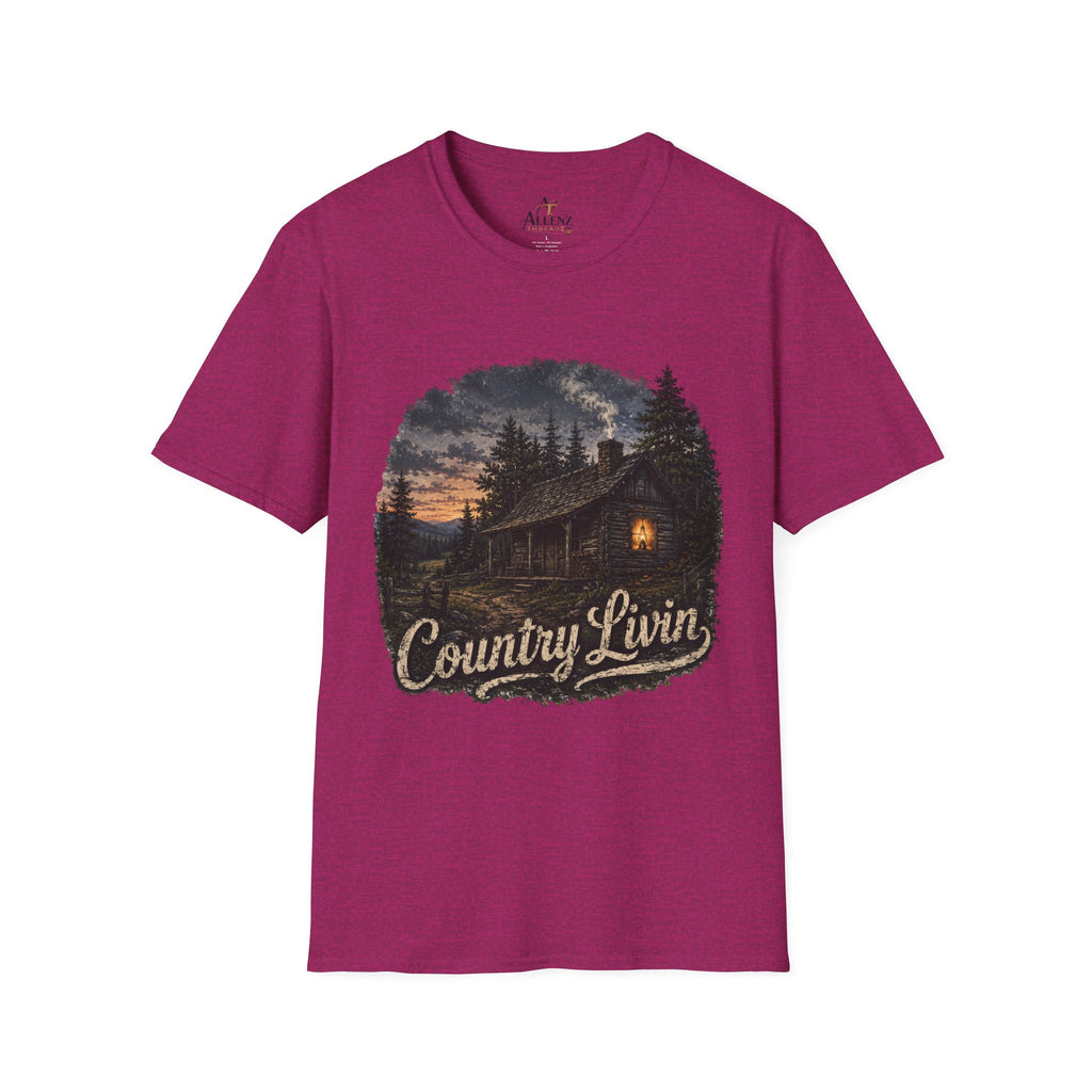 Country Livin' Cabin T‑Shirt — Rustic Sunset Woodlands Graphic Tee