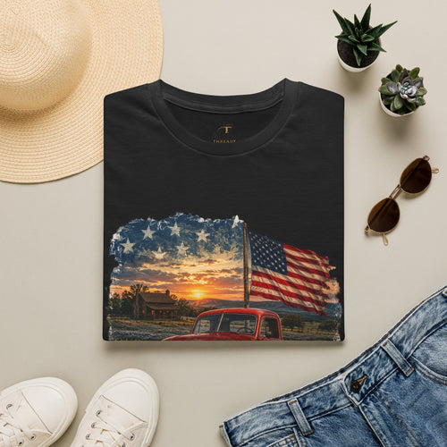 American Vintage Truck T-Shirt — Flag Sunset Patriotic Tee