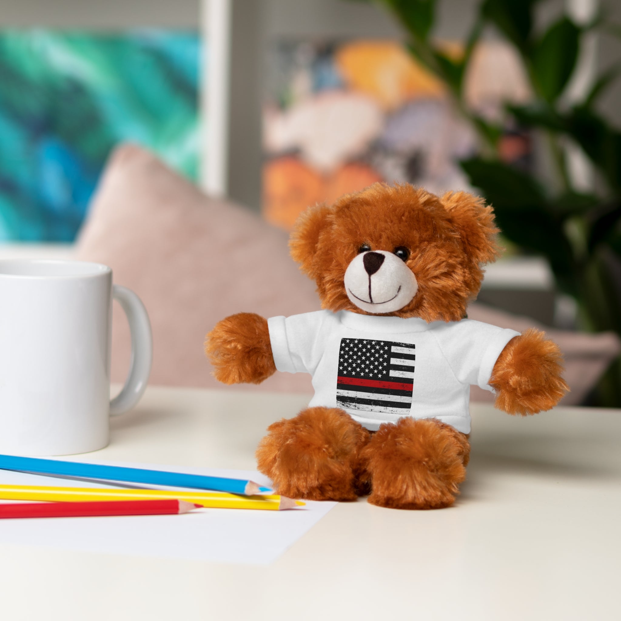Kids Stuffed Animal with Thin Red line flag Tee