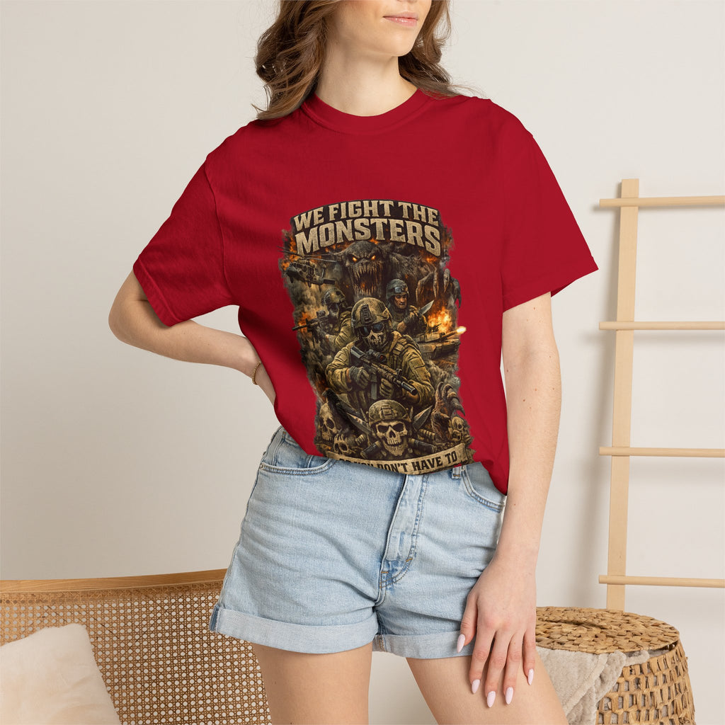 We Fight the Monsters Graphic T-Shirt — Military Fantasy Combat Design