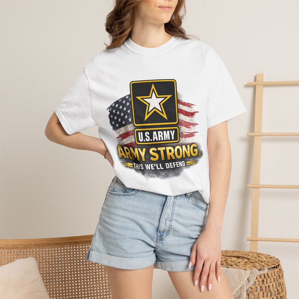 Army Strong T‑Shirt — U.S. Army Logo with American Flag ("This We'll Defend")