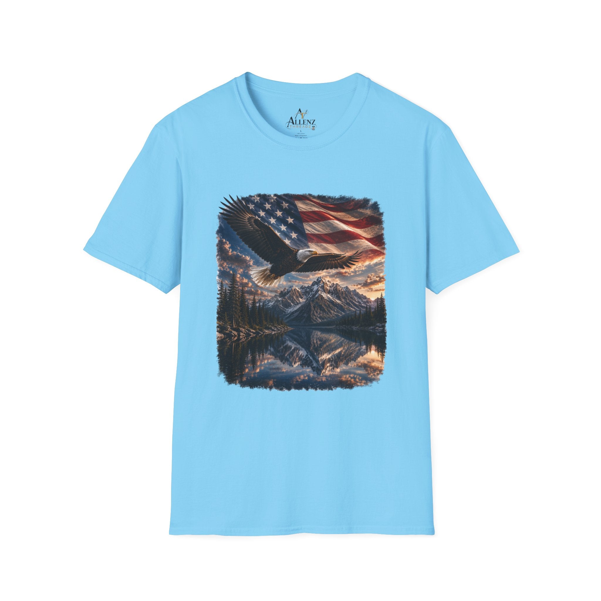 American Eagle Flag T-Shirt — Patriotic Bald Eagle & Mountain Scenery Tee
