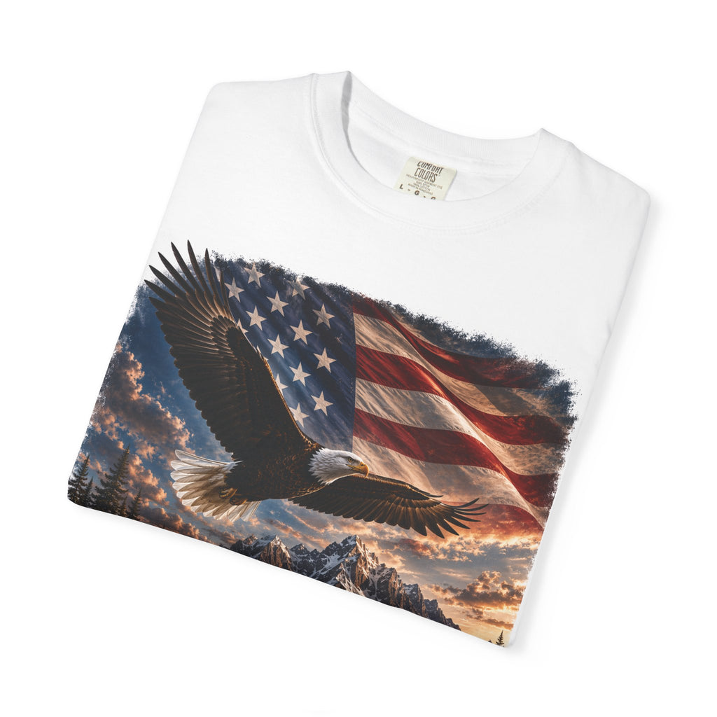 Bald Eagle Over Mountain Lake American Flag T-shirt | Patriotic Nature Scene