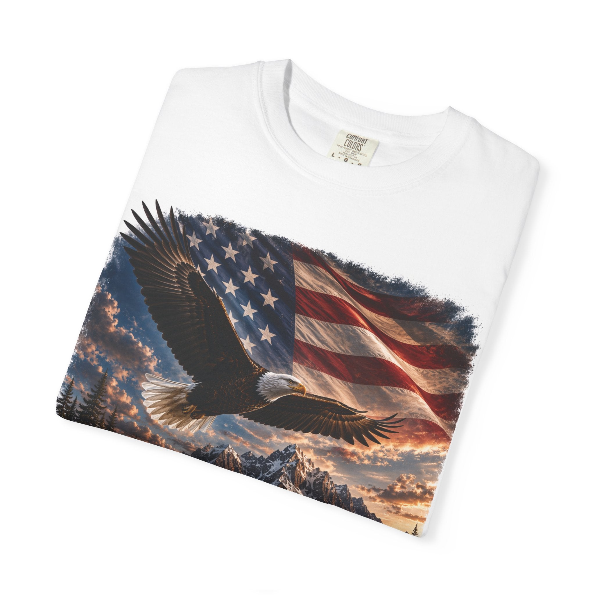 Bald Eagle Over Mountain Lake American Flag T-shirt | Patriotic Nature Scene