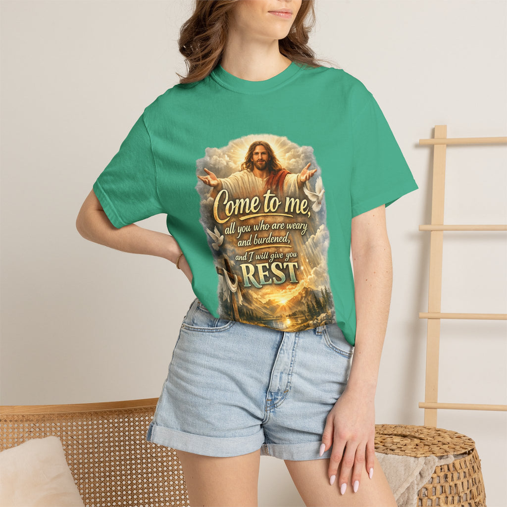 Come to Me Christian T-Shirt — "Come to me... and I will give you REST" Religious Faith Tee