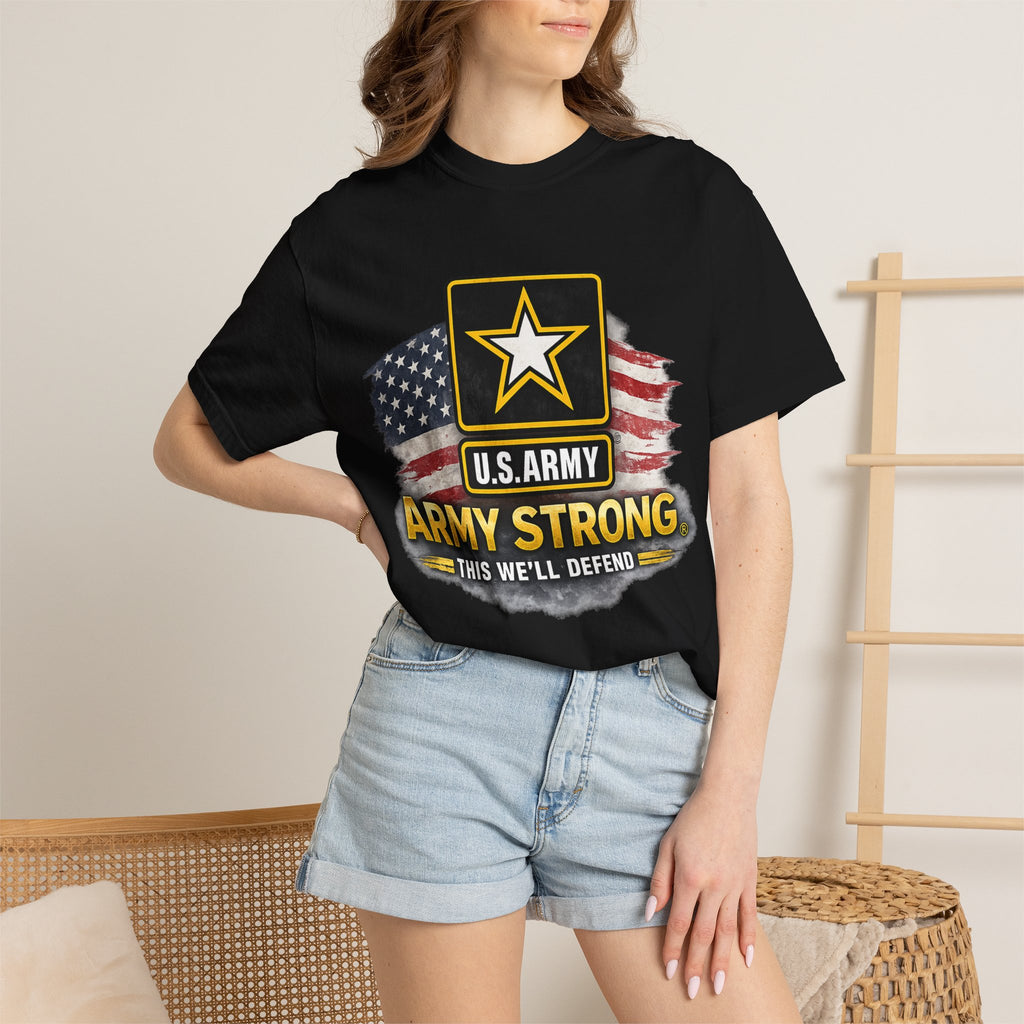 Army Strong T‑Shirt — U.S. Army Logo with American Flag ("This We'll Defend")