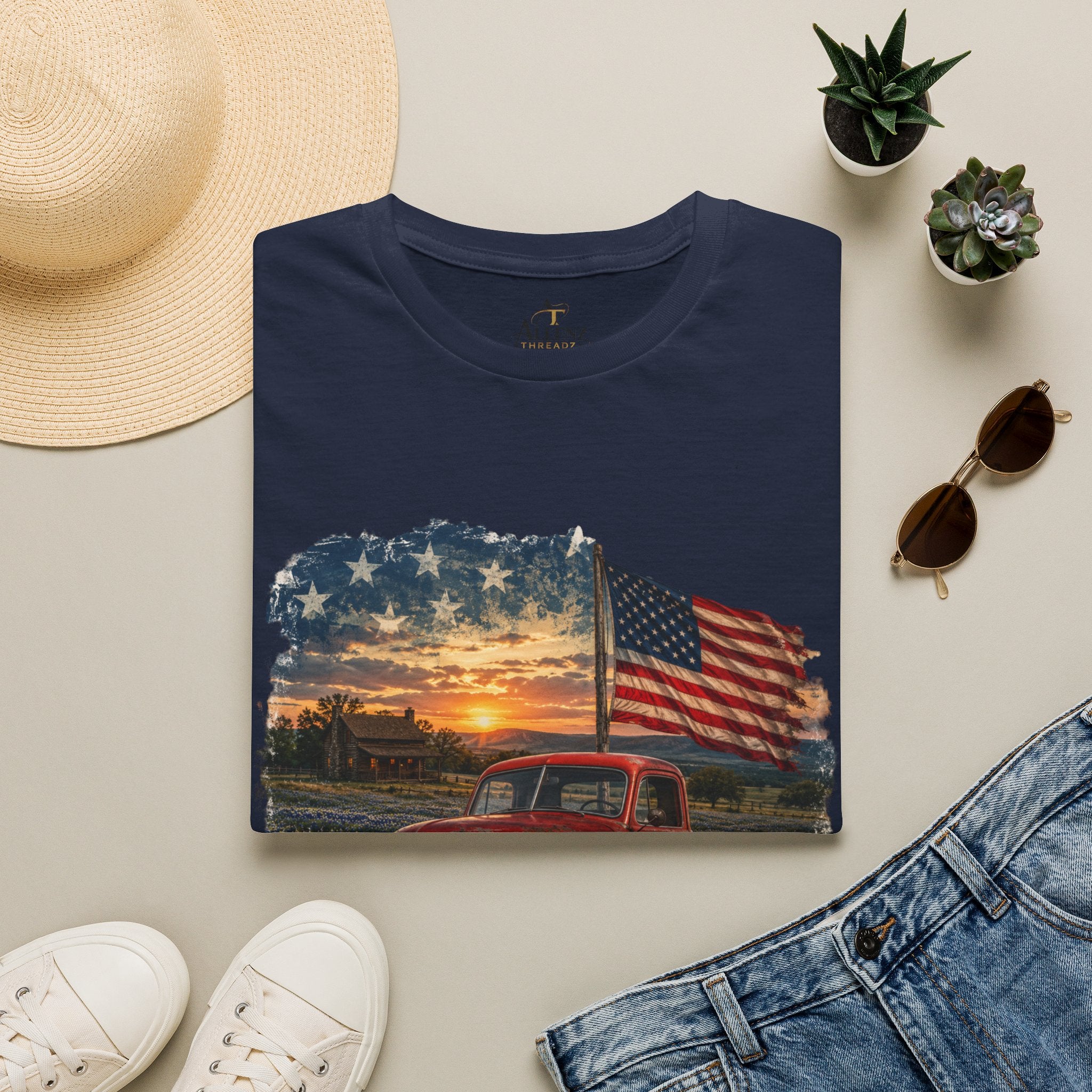 American Vintage Truck T-Shirt — Flag Sunset Patriotic Tee