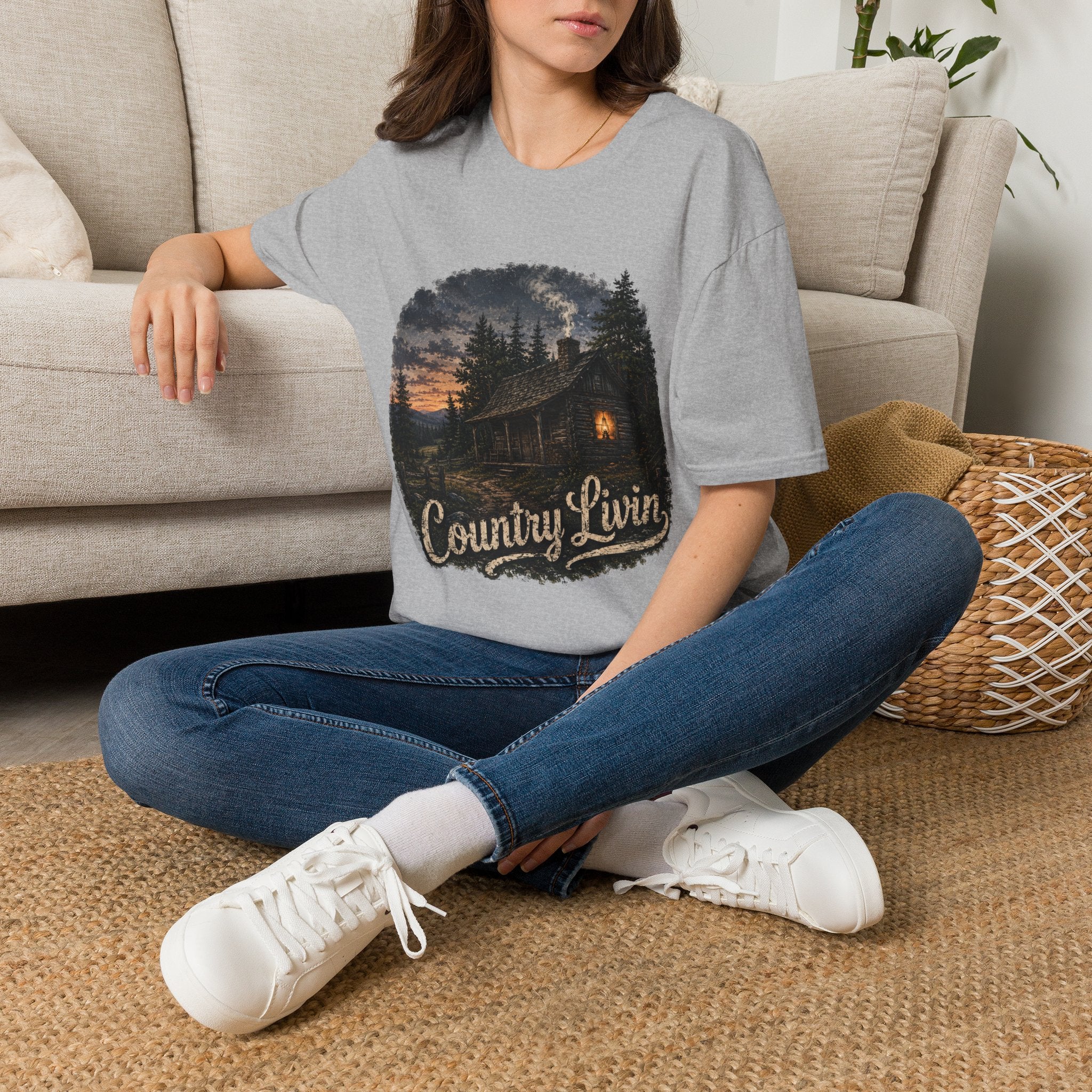 Country Livin' Cabin T‑Shirt — Rustic Sunset Woodlands Graphic Tee