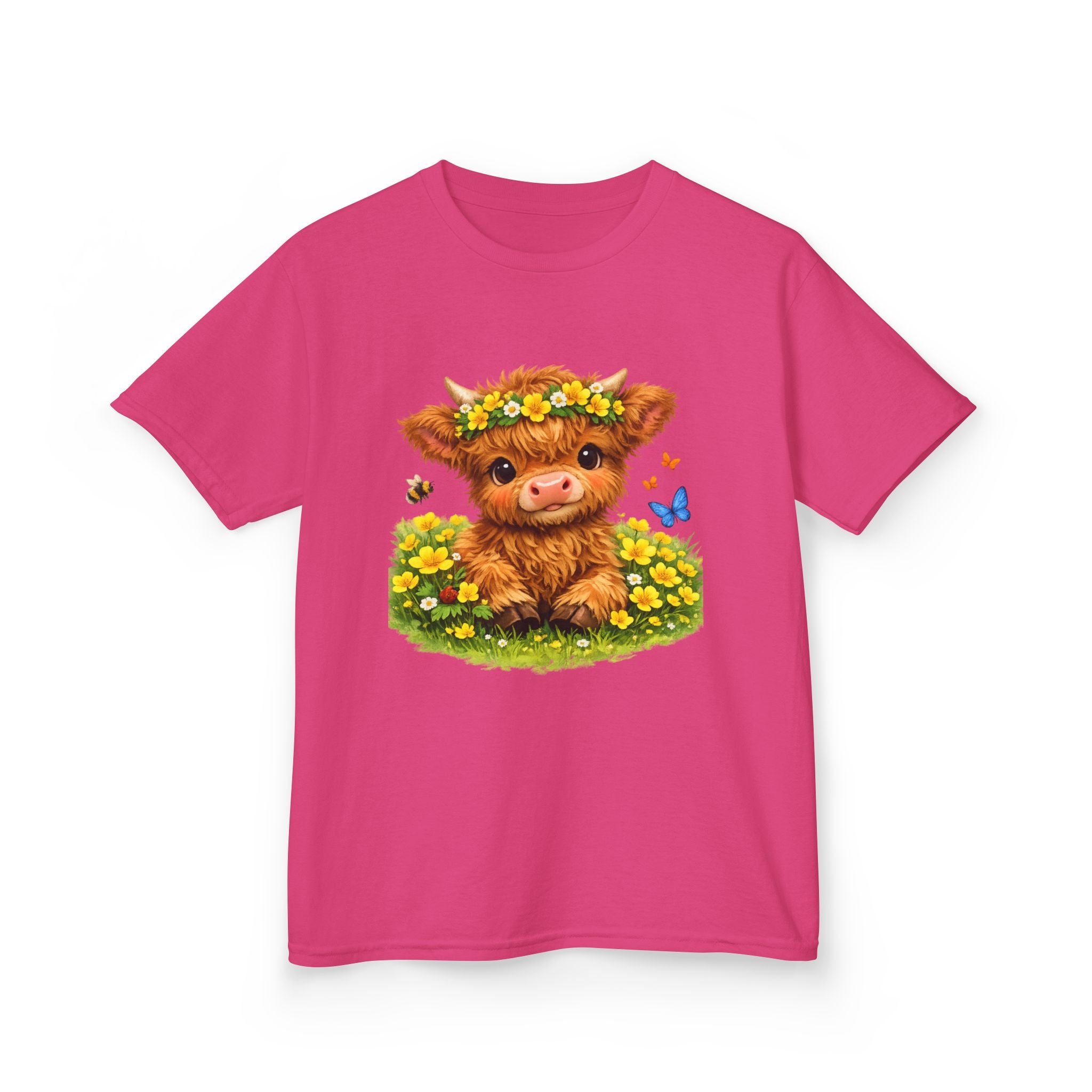 Cute Highland Calf Kids T‑Shirt — Floral Crown, Butterflies & Sunshine Tee