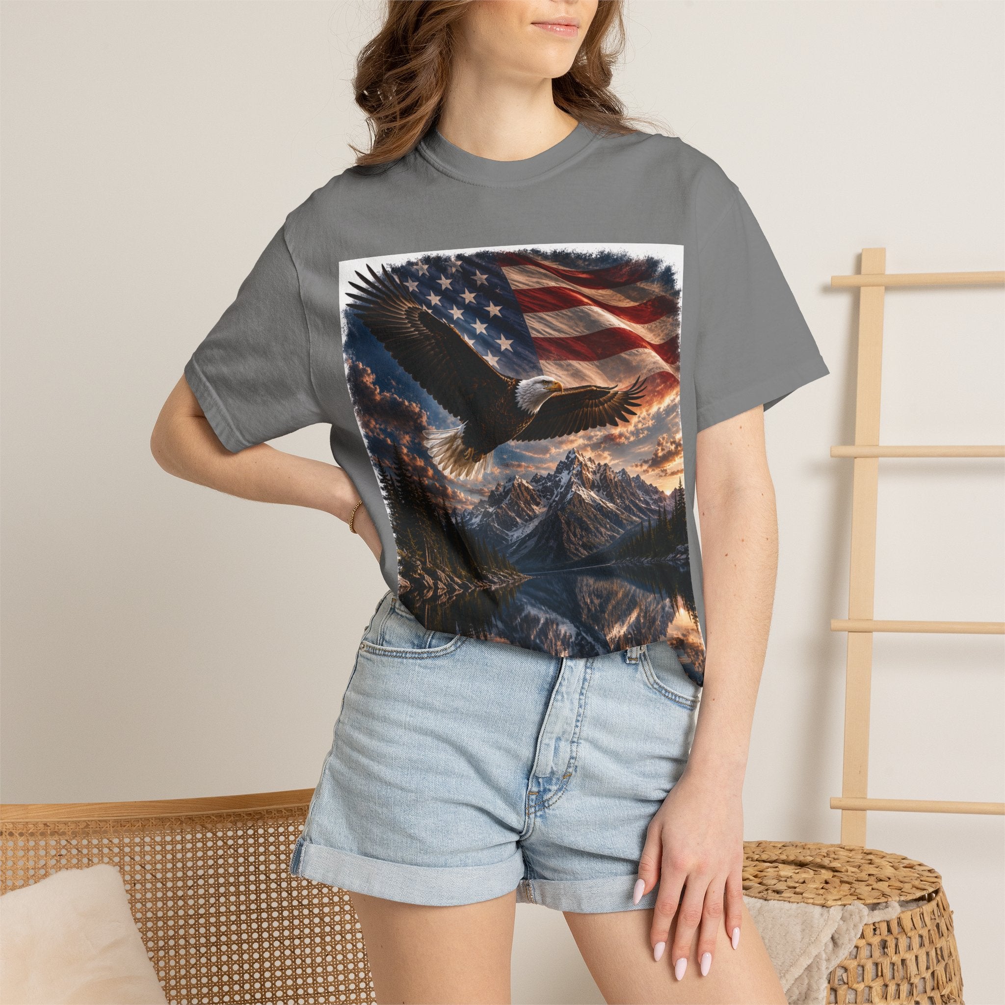 Bald Eagle Over Mountain Lake American Flag T-shirt | Patriotic Nature Scene