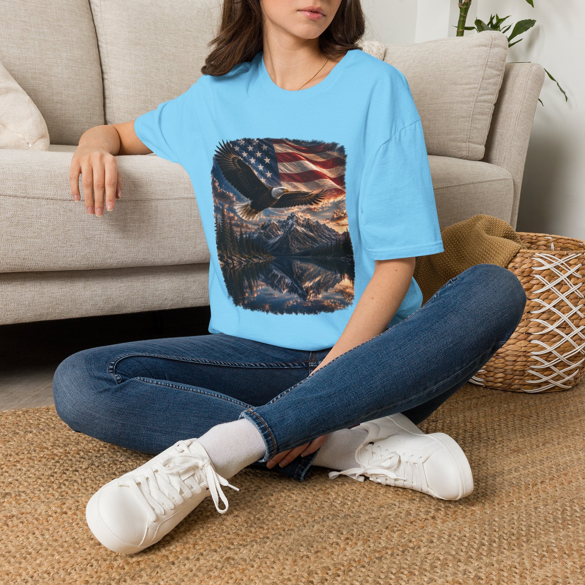 American Eagle Flag T-Shirt — Patriotic Bald Eagle & Mountain Scenery Tee