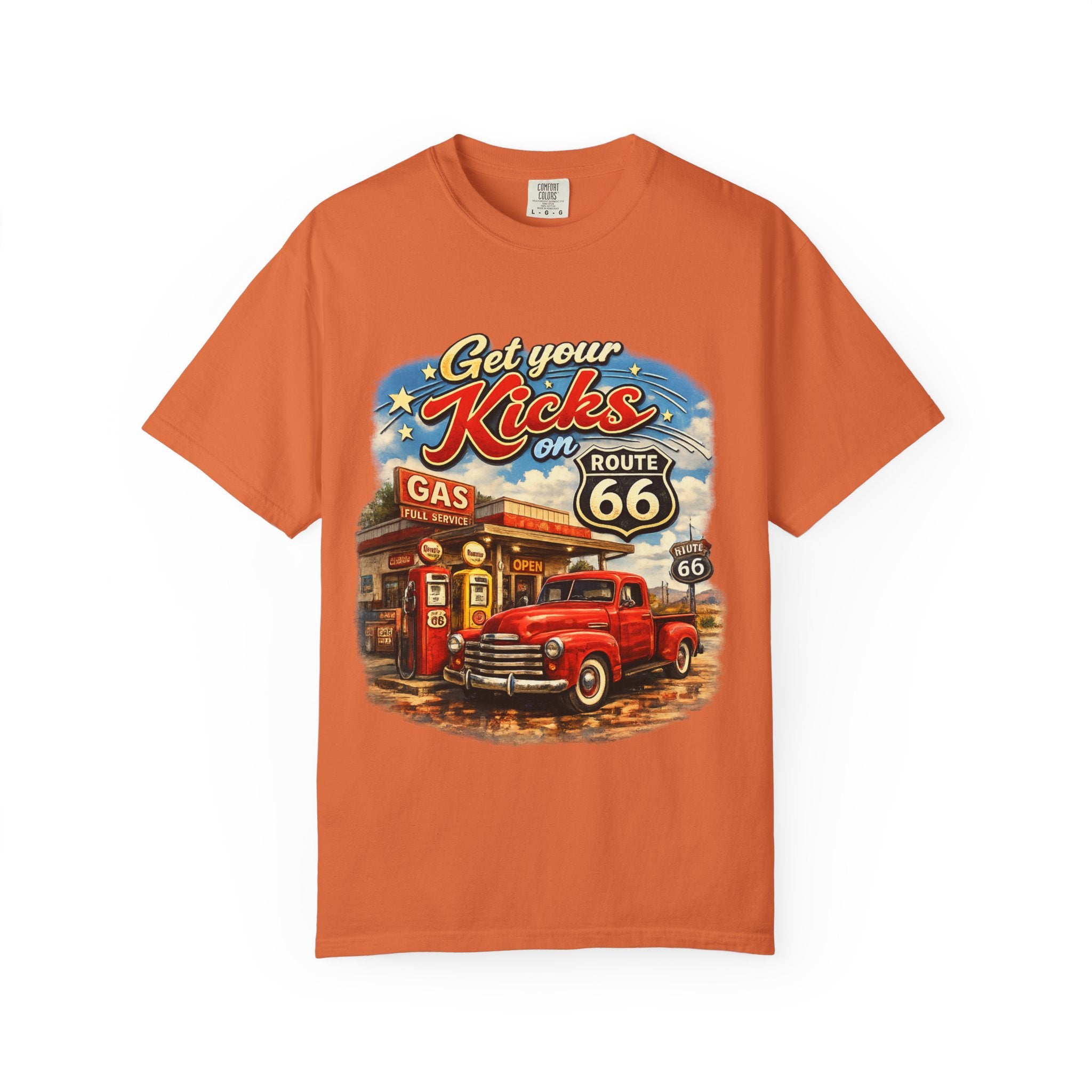 Route 66 Retro T-Shirt — "Get Your Kicks on Route 66" Vintage Gas Station Tee
