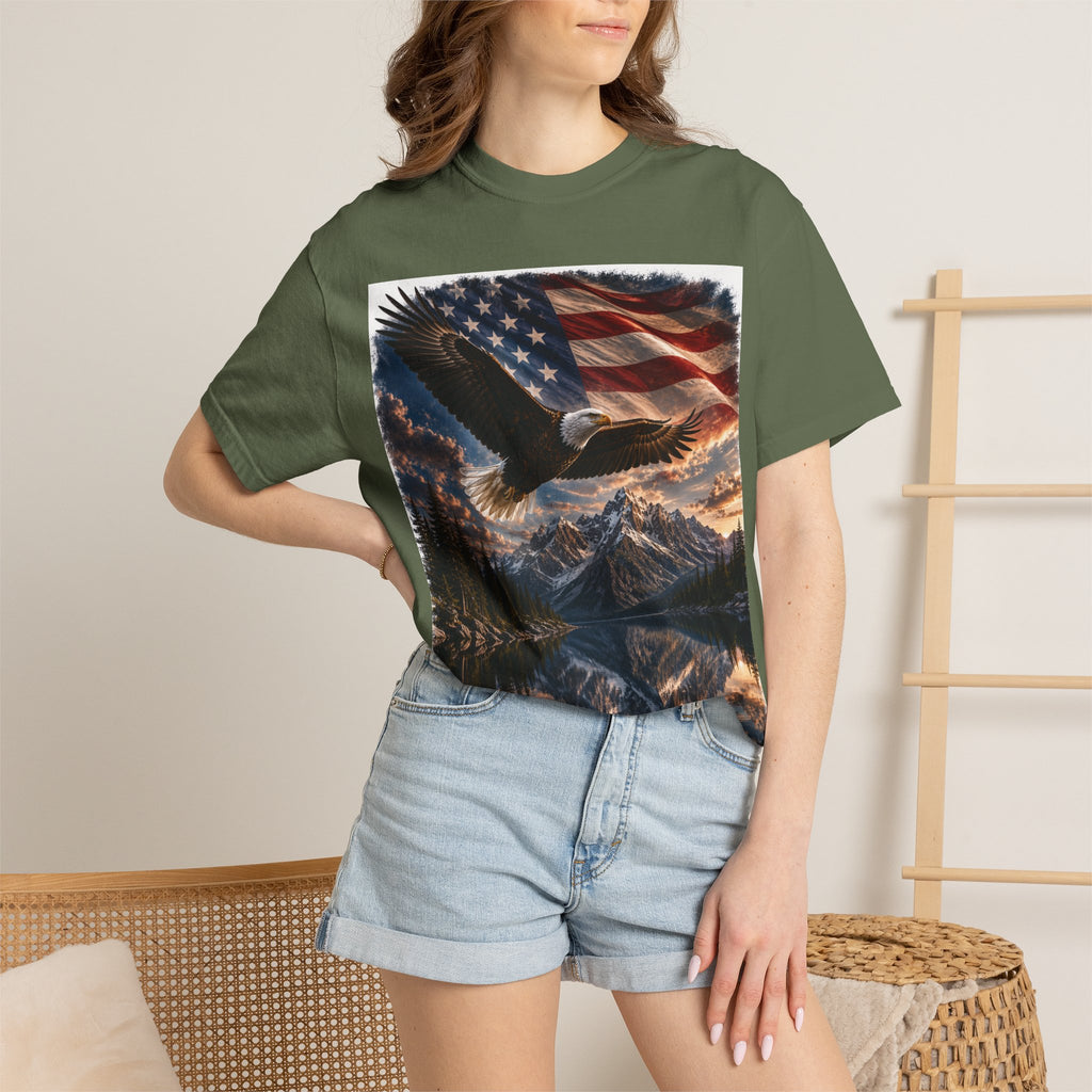 Bald Eagle Over Mountain Lake American Flag T-shirt | Patriotic Nature Scene