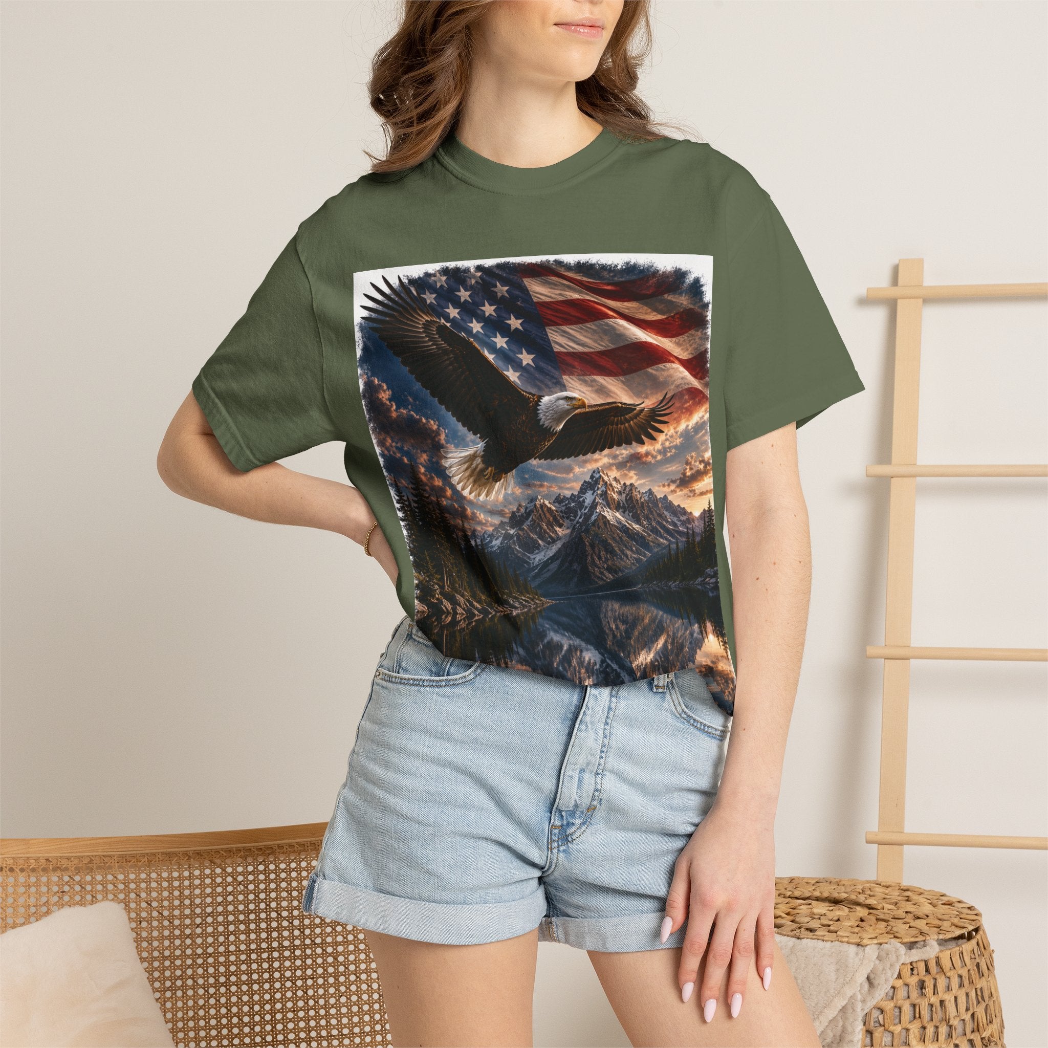 Bald Eagle Over Mountain Lake American Flag T-shirt | Patriotic Nature Scene