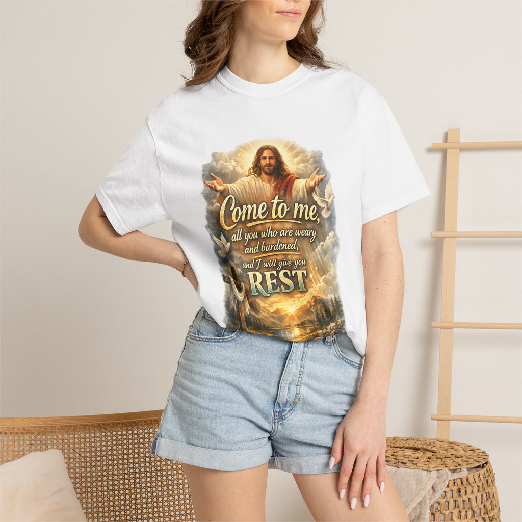 Come to Me Christian T-Shirt — "Come to me... and I will give you REST" Religious Faith Tee