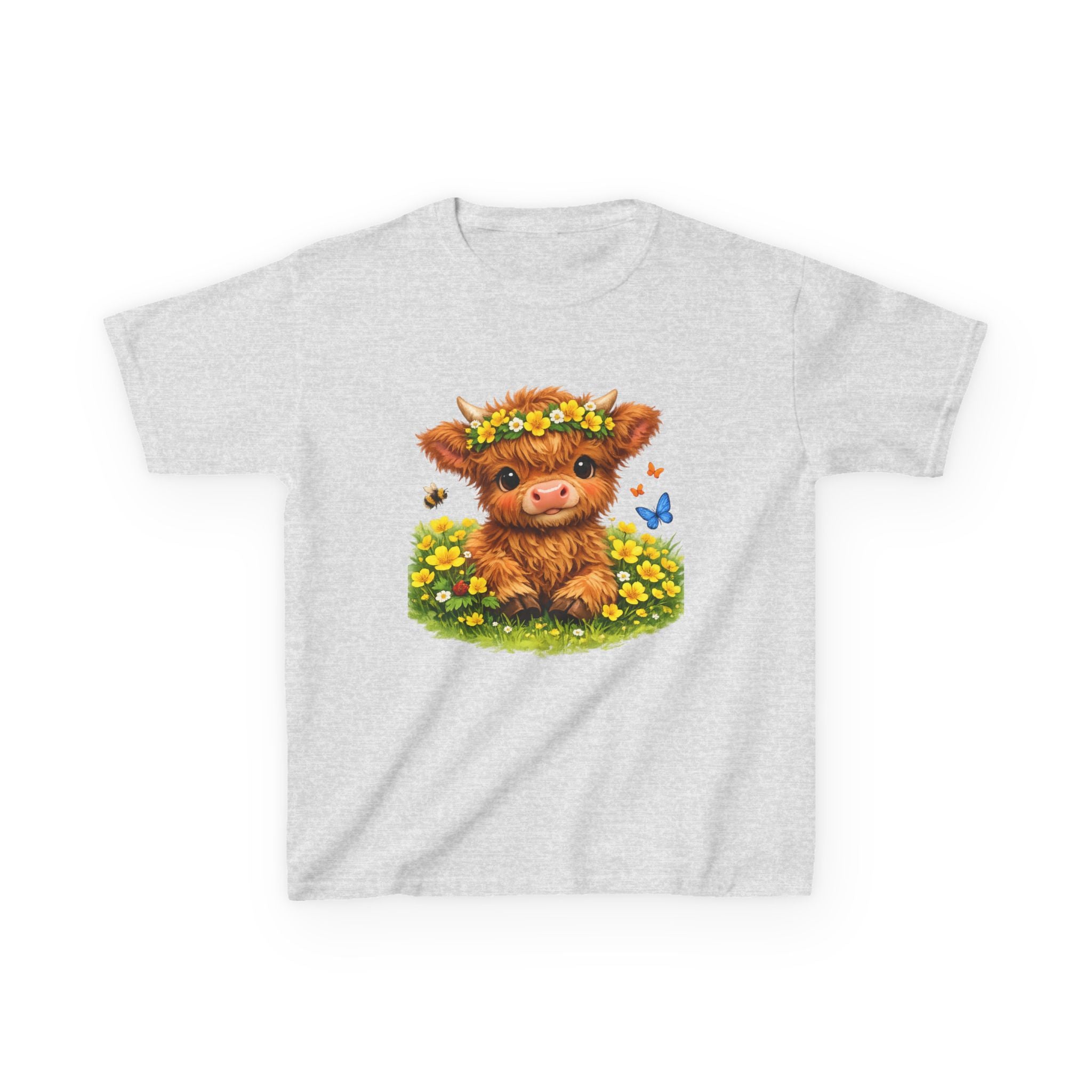Cute Highland Calf Kids T‑Shirt — Floral Crown, Butterflies & Sunshine Tee