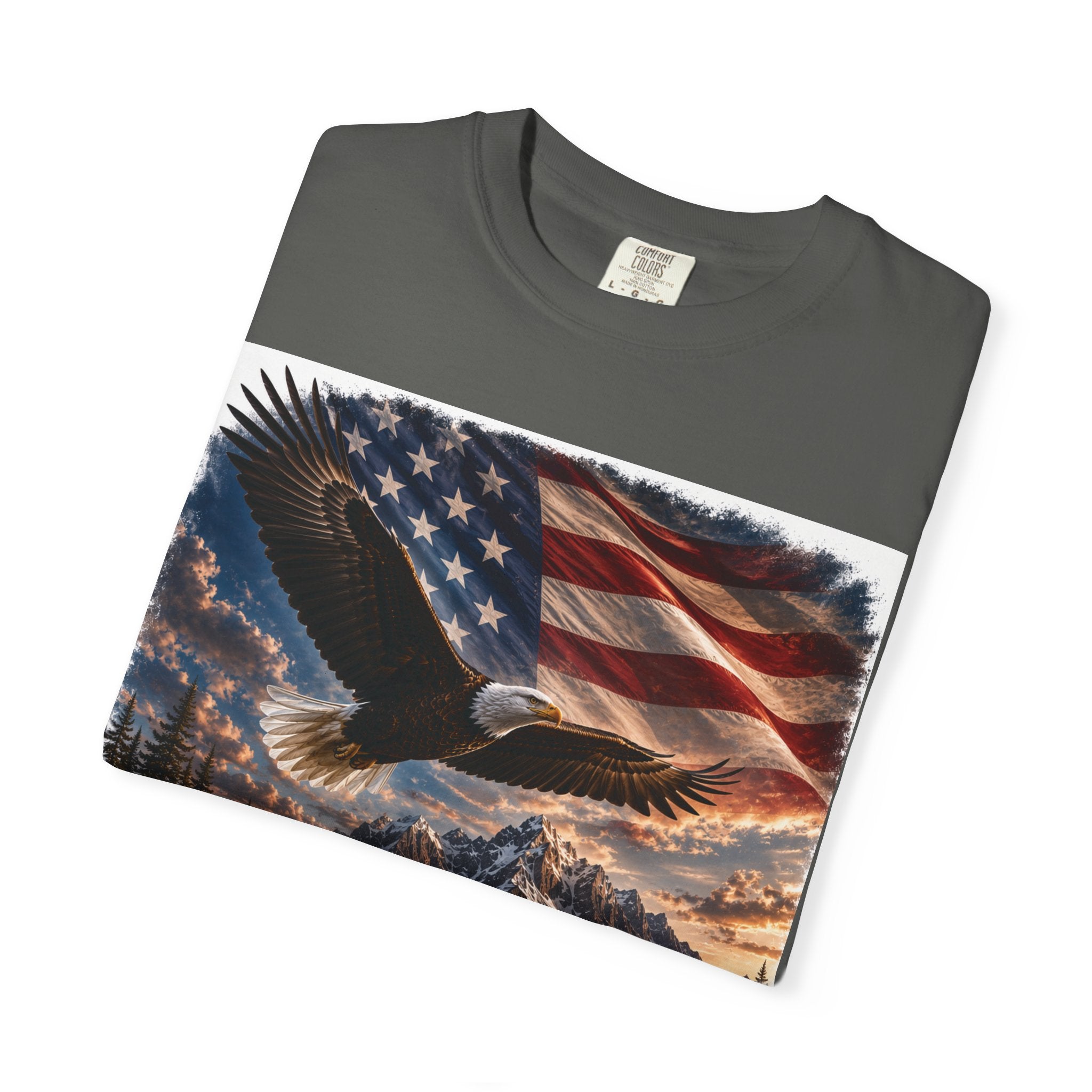 Bald Eagle Over Mountain Lake American Flag T-shirt | Patriotic Nature Scene